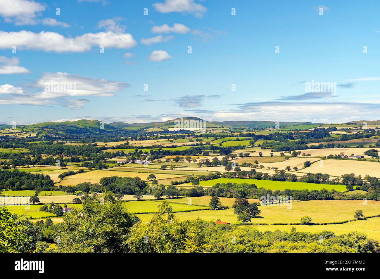 A sud-ovest da Wenlock Edge vicino a Easthope, sulle fattorie estive di Ape Dale fino a Caer Cardoc e Long Mynd, Shropshire, Inghilterra Foto Stock