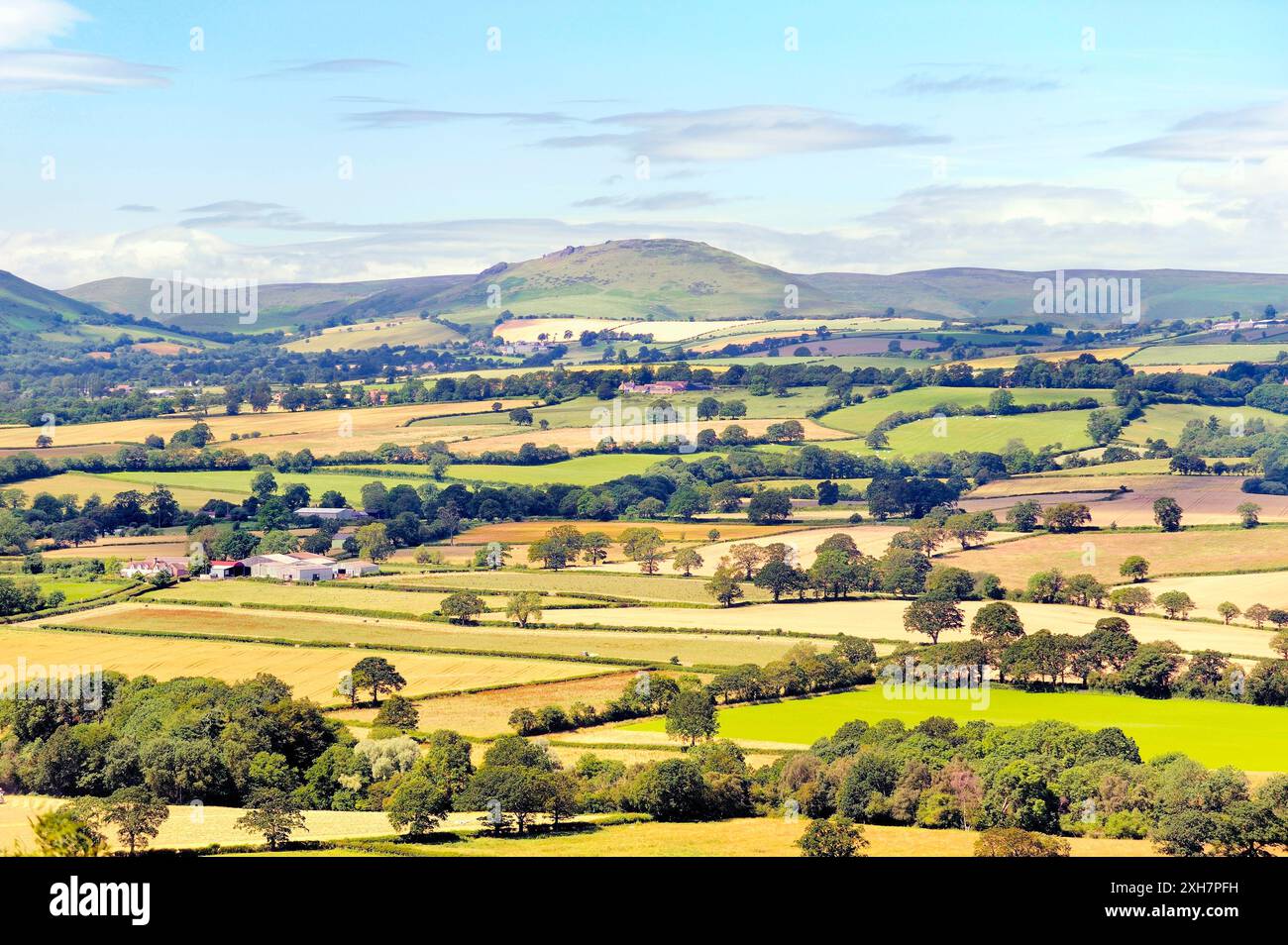 A sud-ovest da Wenlock Edge vicino a Easthope, sulle fattorie estive di Ape Dale fino a Caer Cardoc e Long Mynd, Shropshire, Inghilterra Foto Stock
