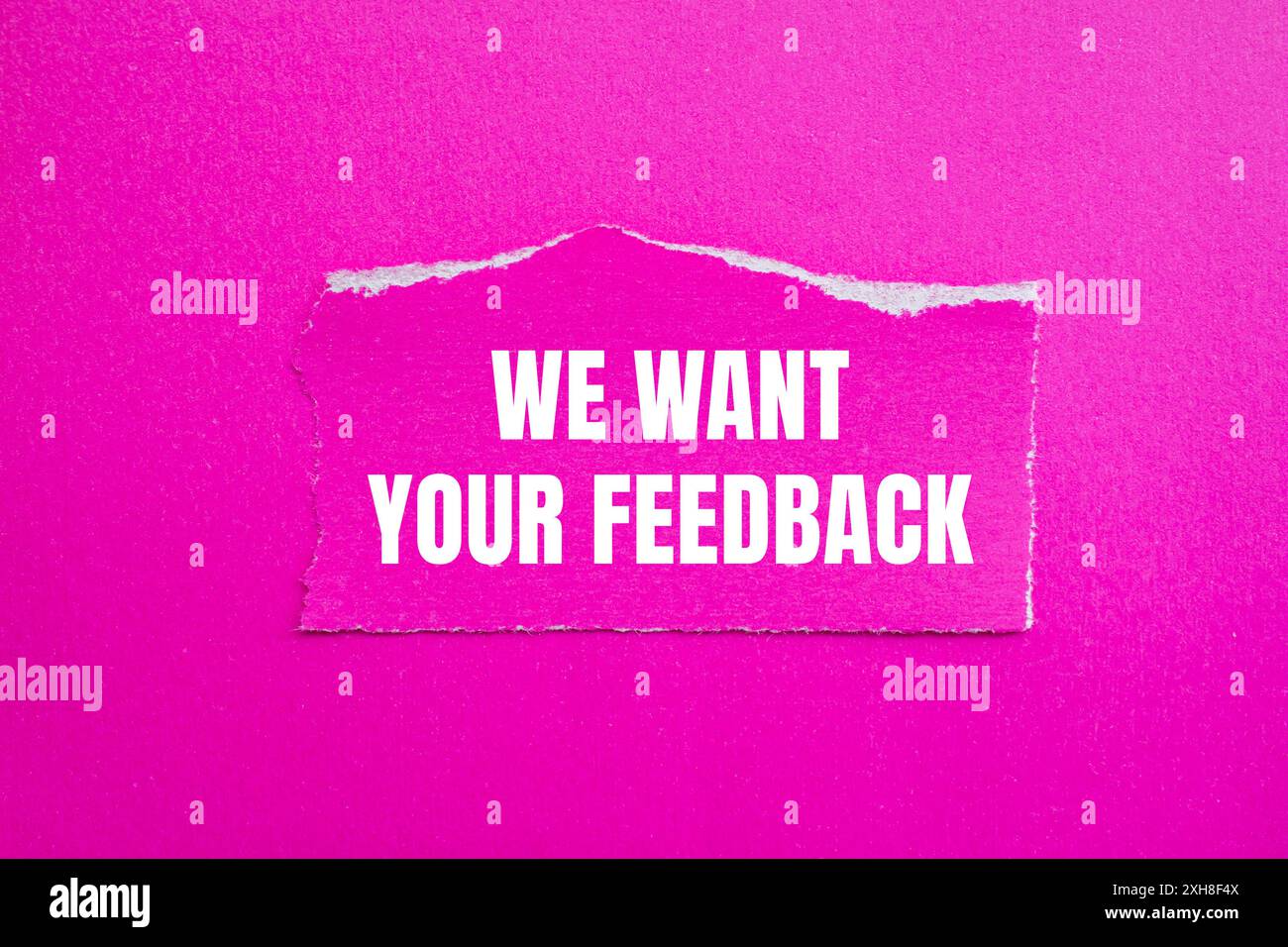 Vogliamo che il tuo messaggio di feedback sia scritto su un pezzo di carta rosa strappato con sfondo rosa. Concettuale vogliamo il tuo simbolo di feedback. Copia spazio. Foto Stock