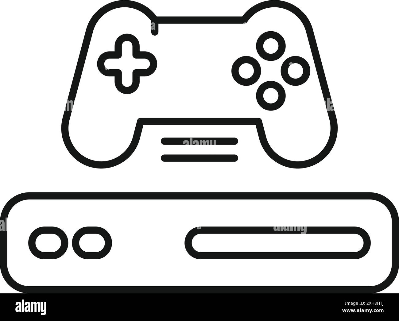 Icona line art di una console di gioco con un controller posizionato in alto, che rappresenta una configurazione di gioco Illustrazione Vettoriale