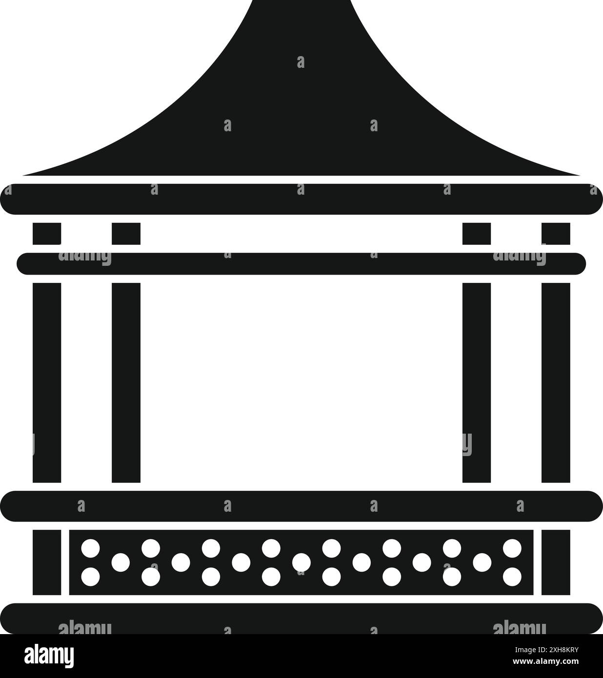 Silhouette bianca e nera di un gazebo in legno con tetto a punta, che fornisce un luogo ombreggiato per rilassarsi e godersi la vita all'aria aperta Illustrazione Vettoriale