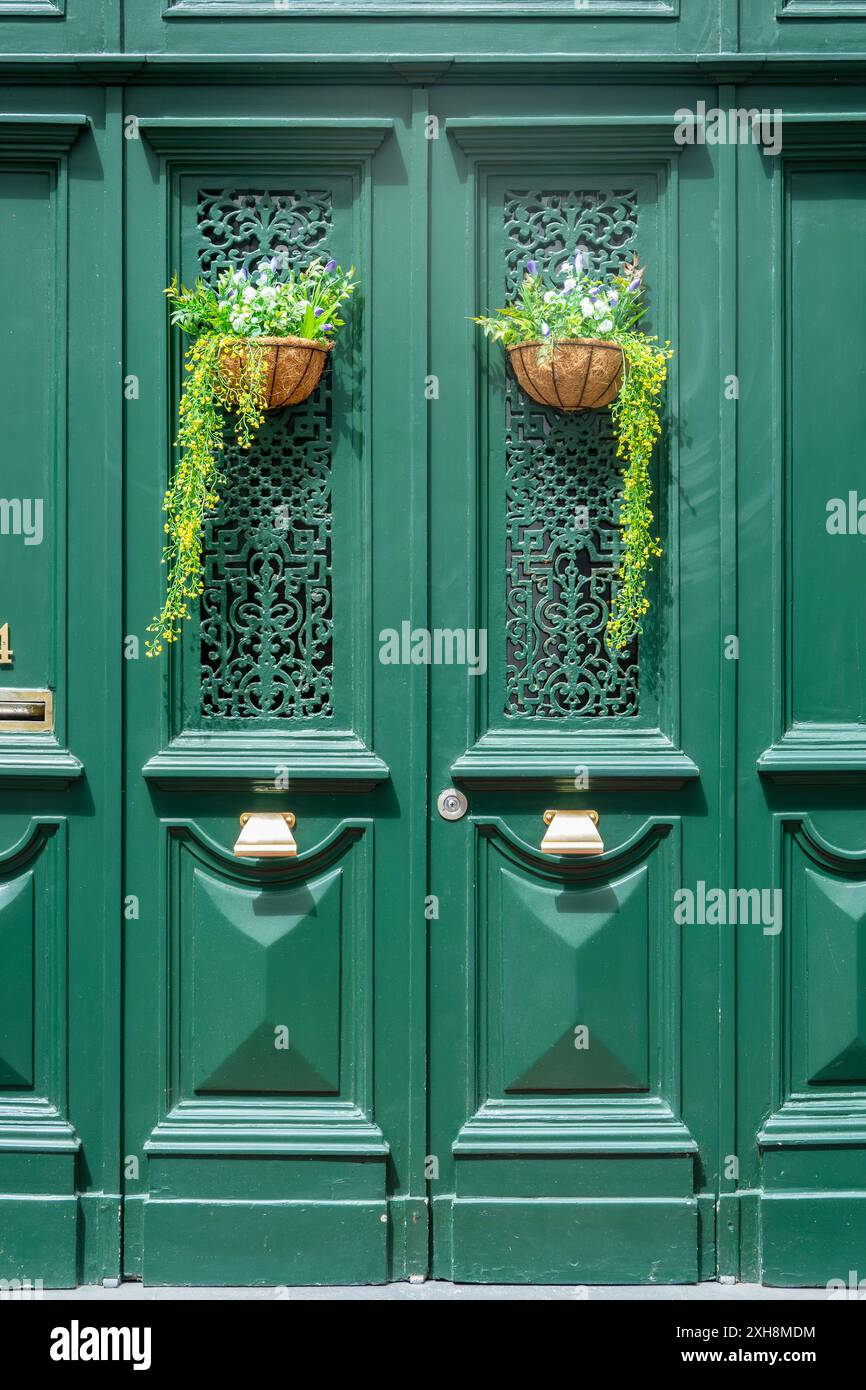 Vecchie porte verdi con lavori di lattice e piante montate a Ponta Delgada, Isola di Sao Miguel, Azzorre Foto Stock