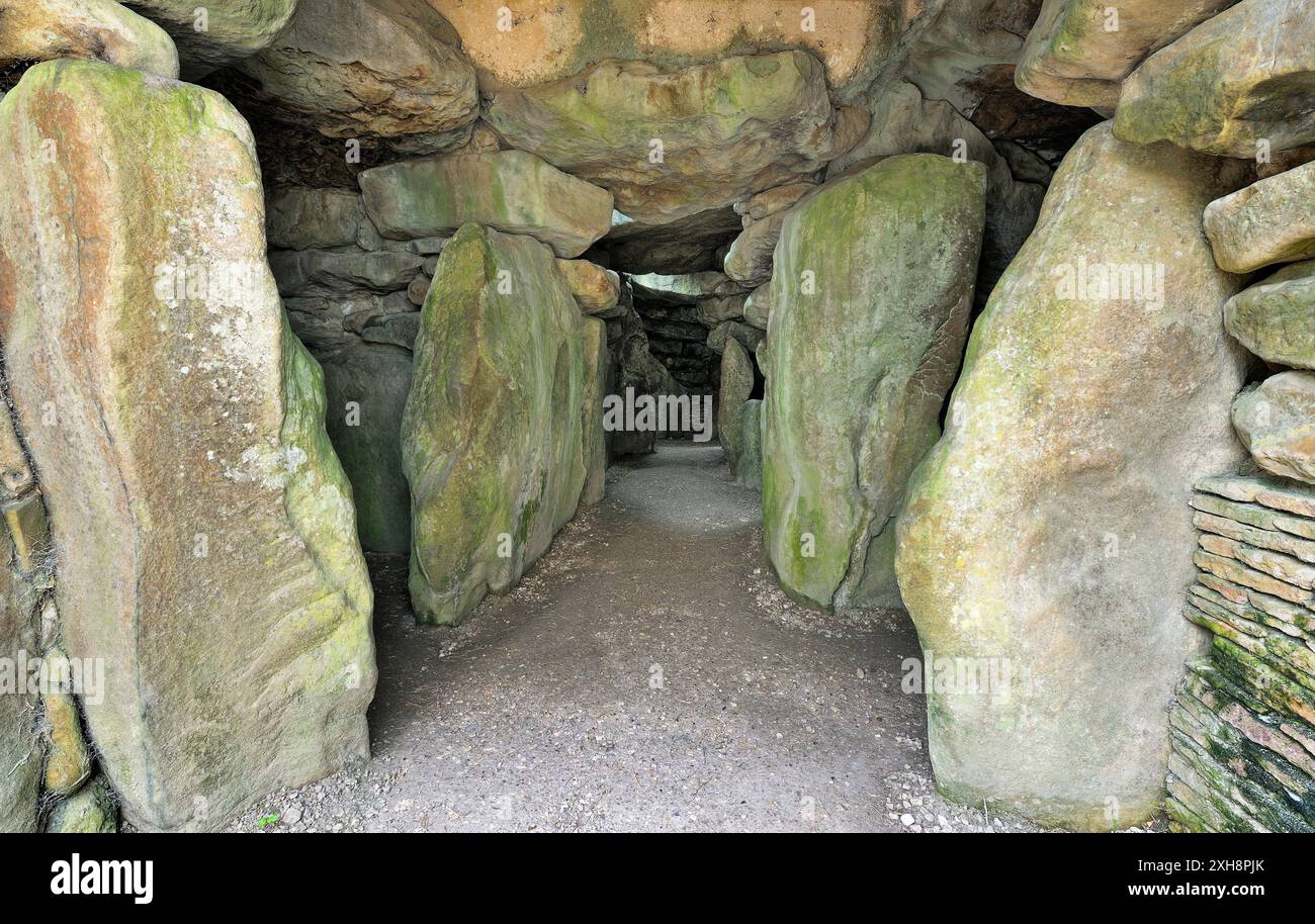 West Kennet Long Barrow preistorica tomba neolitica nei pressi di Avebury, Wiltshire, Inghilterra. La navata mediana con lato e camere di estremità Foto Stock