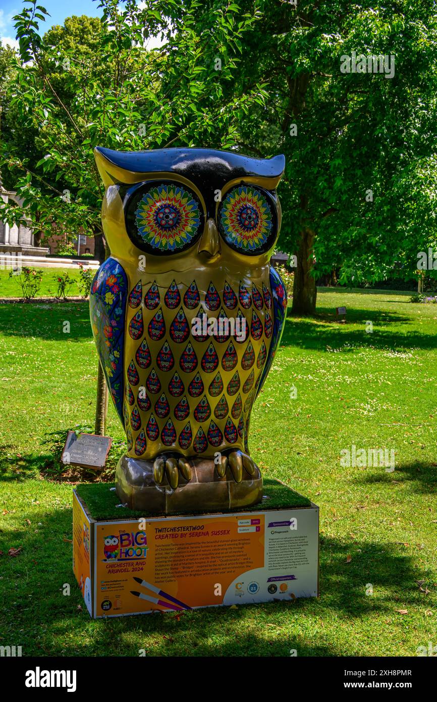 The Big Hoot Owl Sculpture Trail Chichester England a Wild in Art Event di Chestnut Tree House - Twitchestertwoo di Serena Sussex Foto Stock