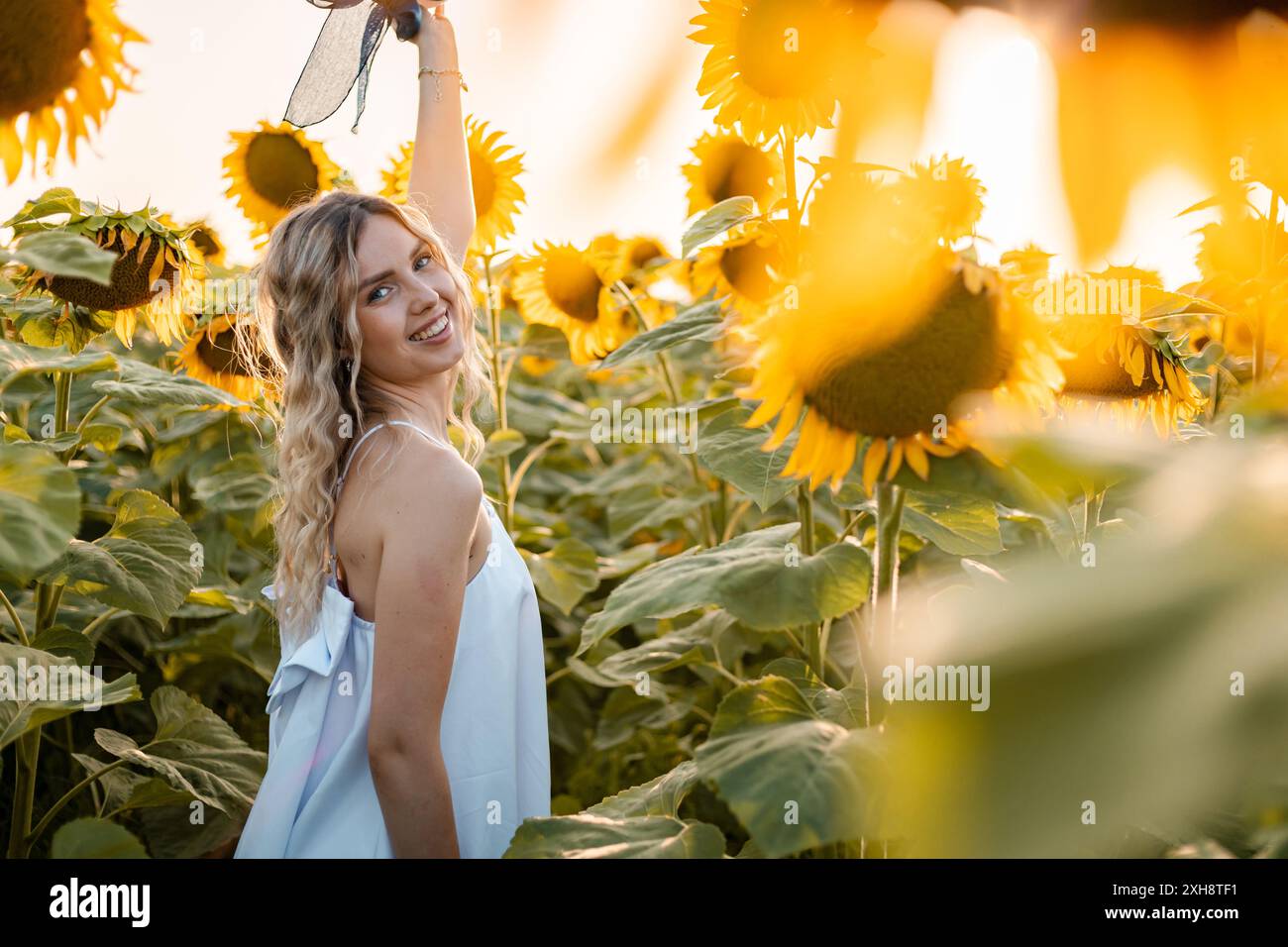 Una donna con un vestito bianco sorride mentre cammina attraverso un campo di girasoli, il sole tramonta splende attraverso i grandi fiori. Foto Stock