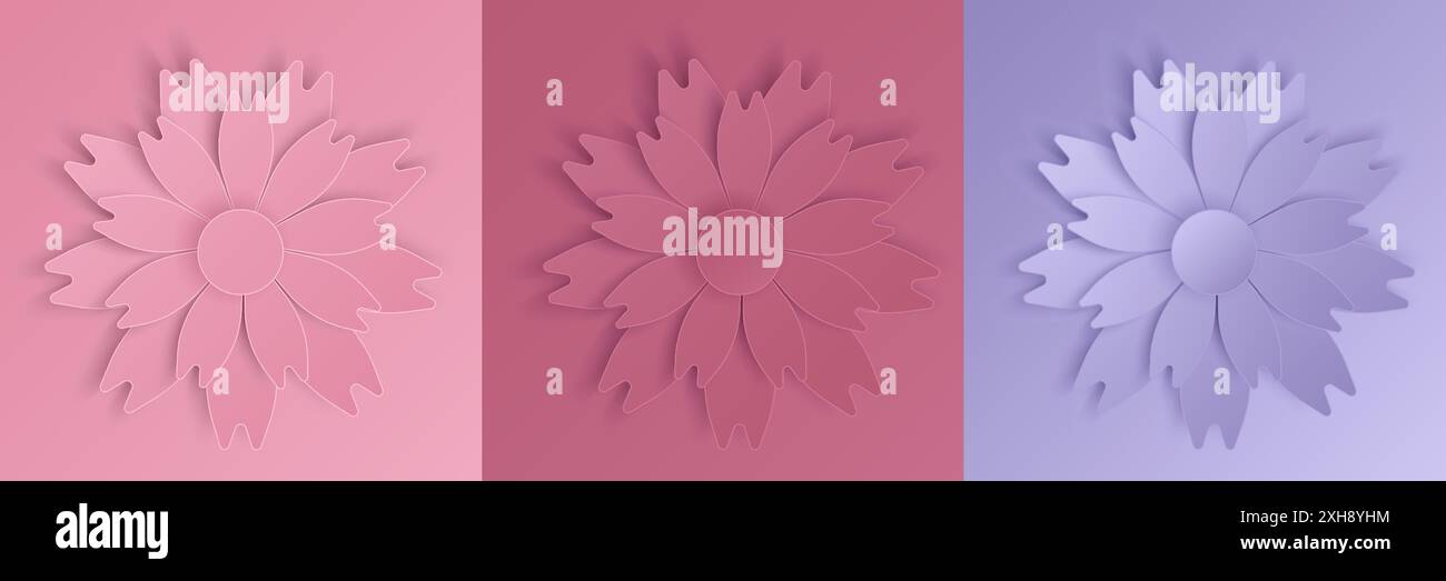 Set di fiori di rosa e lavanda in 3D. Collezione abstrac con ritaglio floreale per l'estate, design per festival primaverili, san valentino, presentazione, Illustrazione Vettoriale