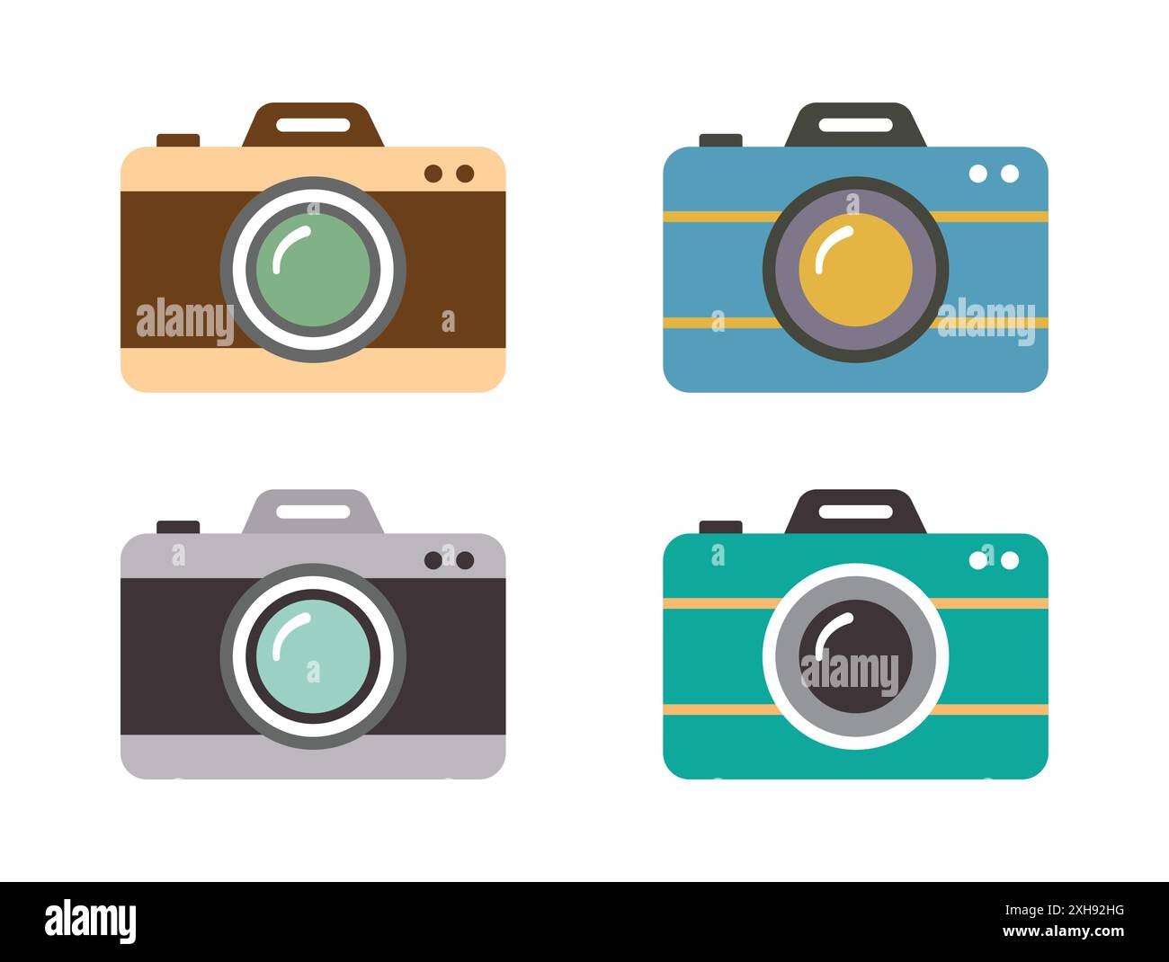 Set di icone della fotocamera. Set di icone della fotocamera in colori diversi. Fotocamera in stile piatto. simbolo e simbolo della fotocamera. Illustrazione vettoriale. Illustrazione Vettoriale
