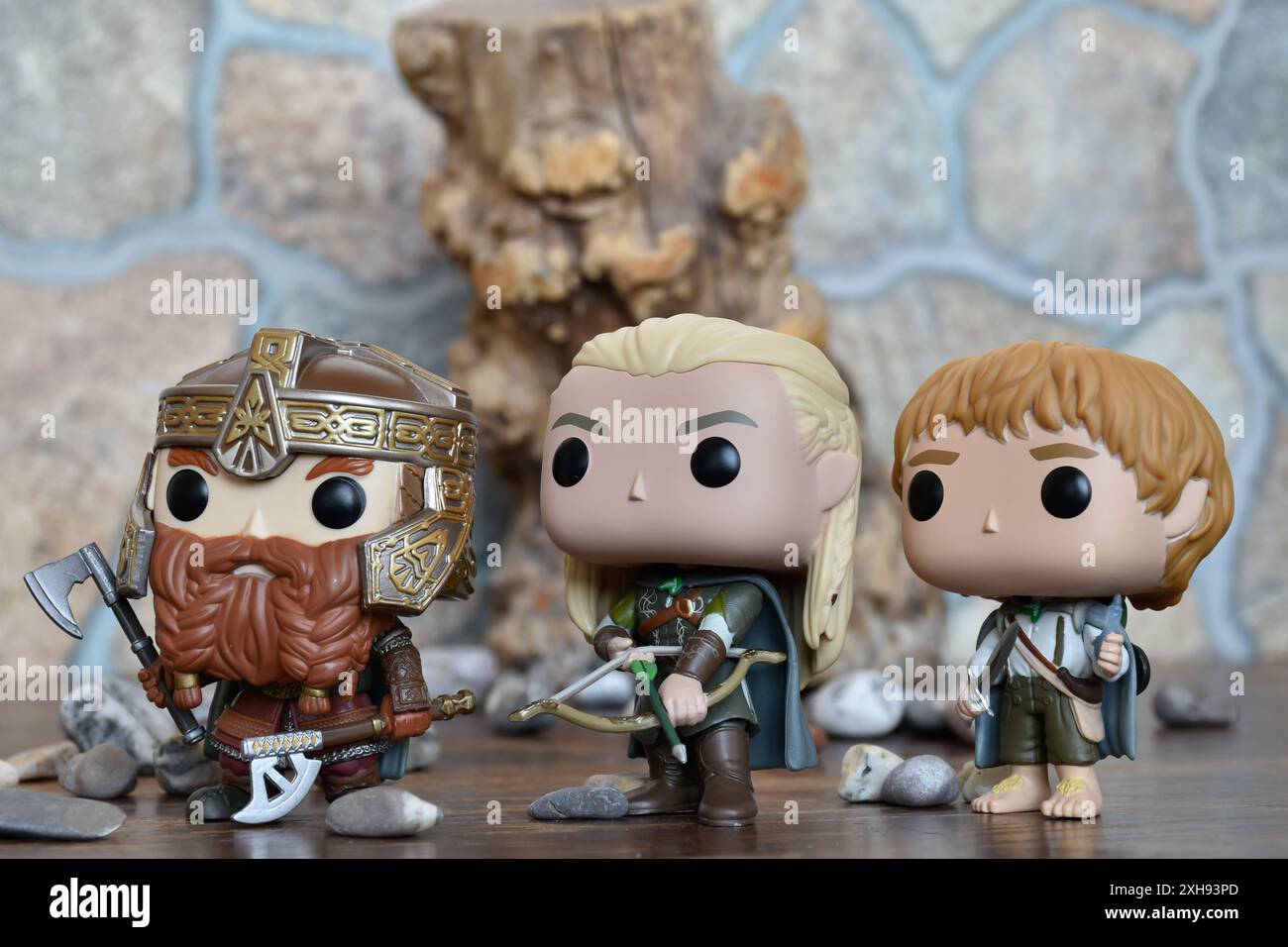 Funko Pop action figure di Gimli nano, elfo Legolas e Sam hobbit del film fantasy il Signore degli anelli. Guerrieri, compagnia dell'anello. Foto Stock