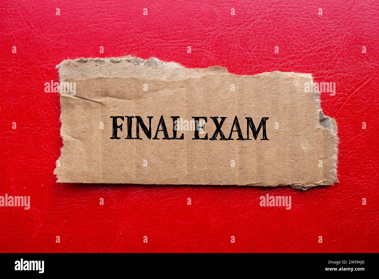 Parole dell'esame finale scritte su un pezzo di carta di cartone strappato con sfondo rosso. Simbolo dell'esame finale concettuale. Copia spazio. Foto Stock