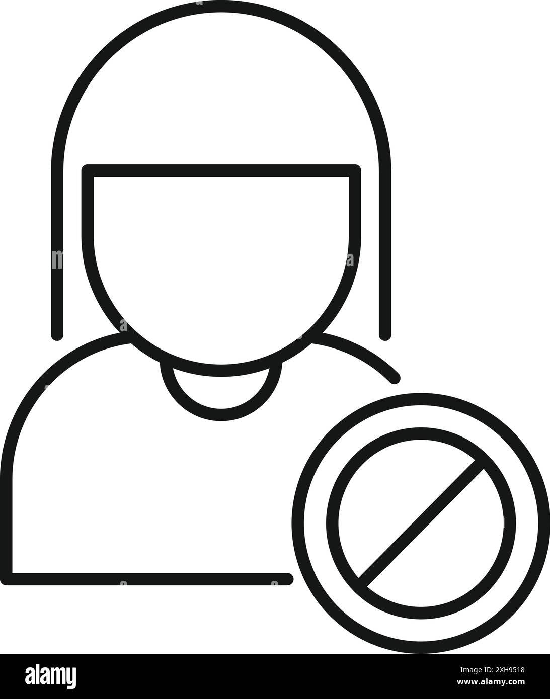 Icona line art di un profilo donna con un simbolo di accesso proibito, che rappresenta il concetto di censura Illustrazione Vettoriale