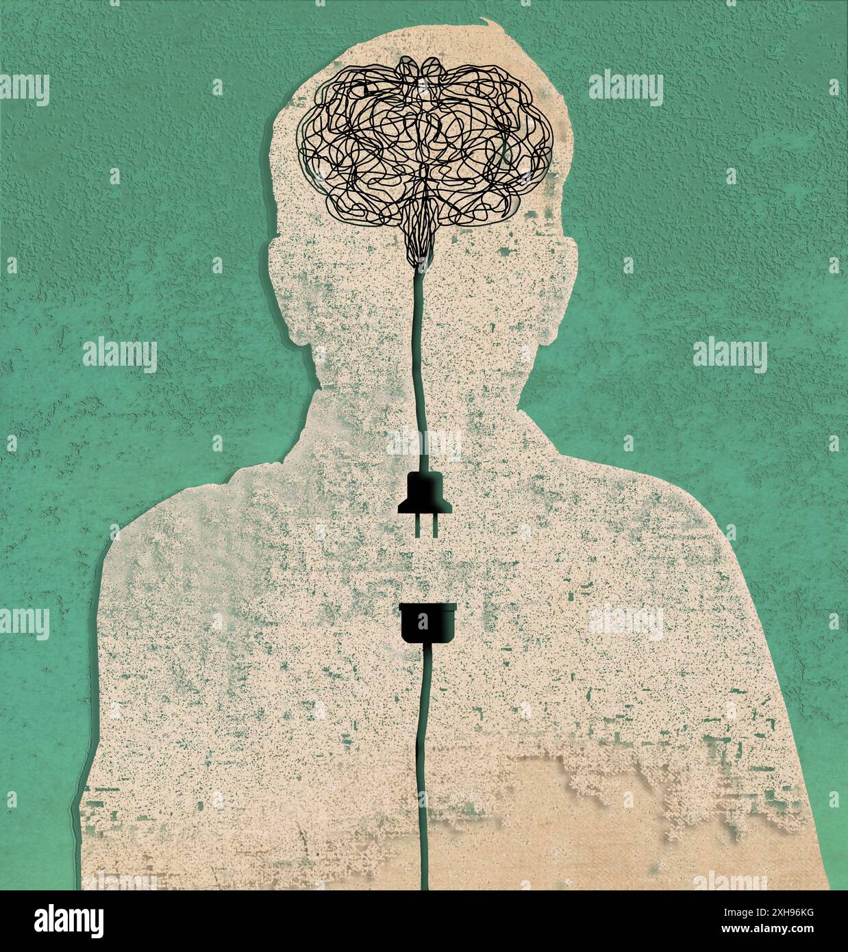 Un uomo con un cervello aggrovigliato mostra che il cervello è scollegato. Illustra una pausa dal computer o dai social media o le condizioni mediche dell'ictus Foto Stock