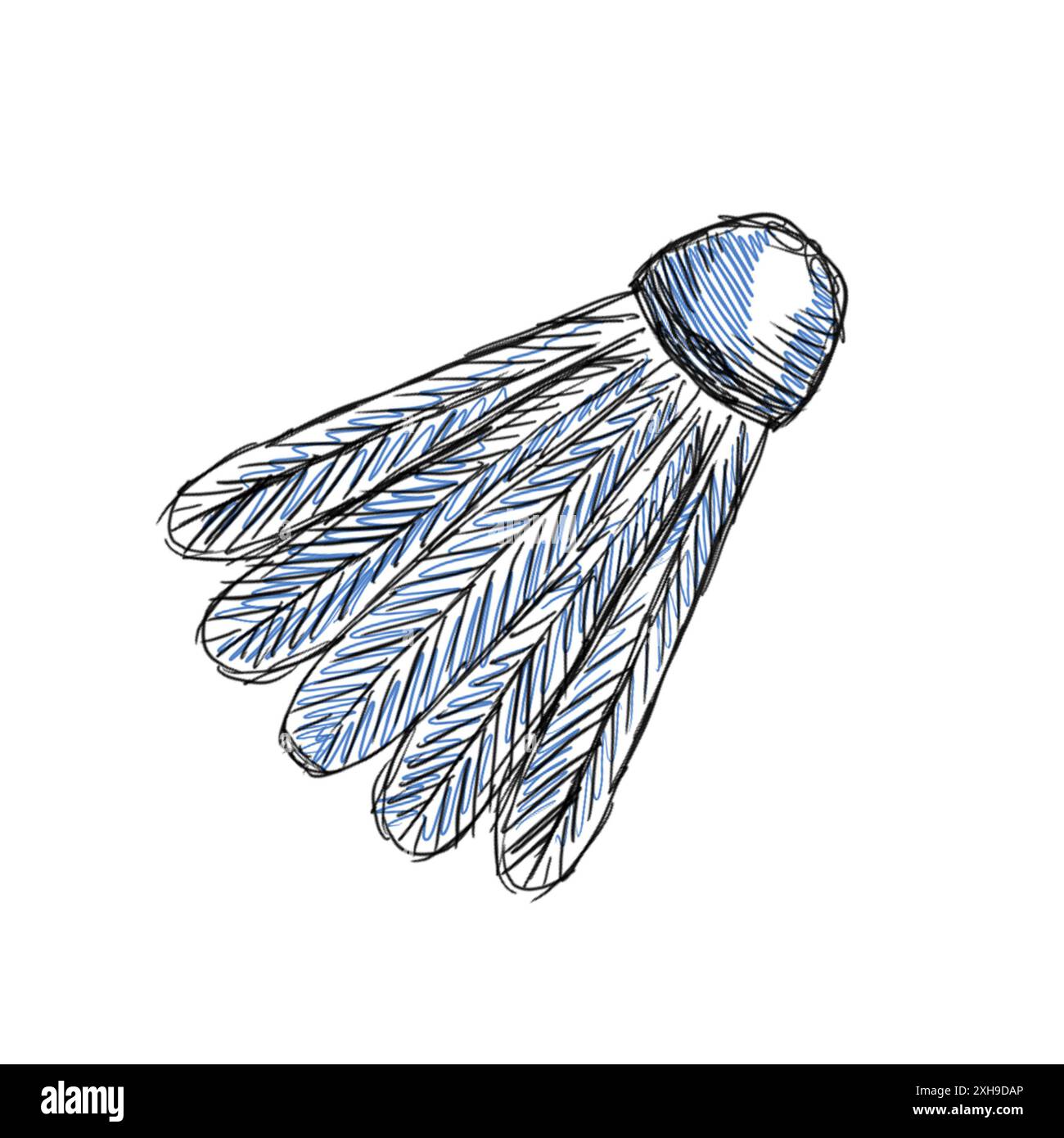 Un rubinetto di badminton blu disegnato a mano è raffigurato su uno sfondo bianco, adatto per opere d'arte sportive o per il fitness Foto Stock