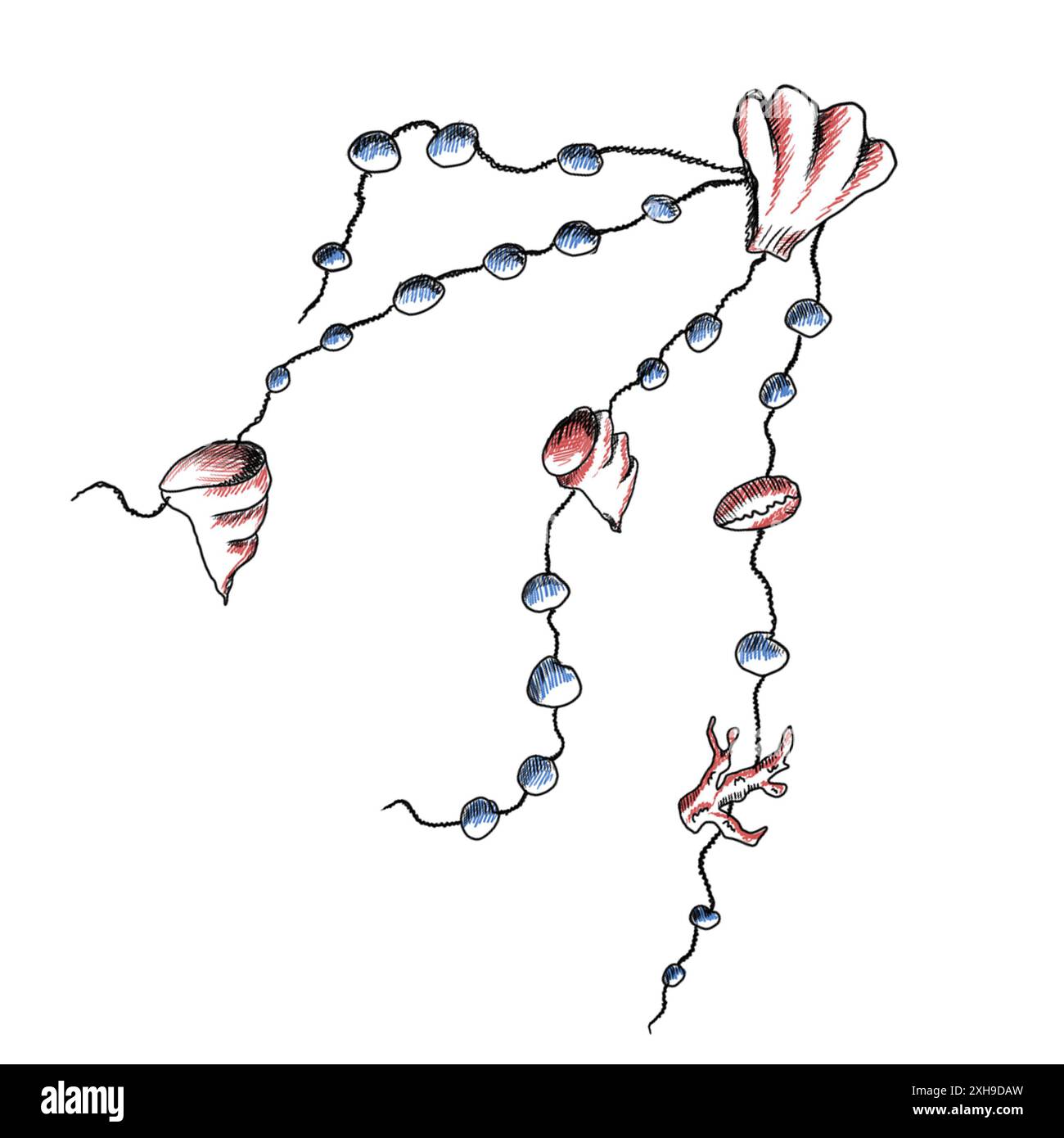 Gioielli marini artistici disegnati a mano con conchiglie e perline in stile astratto, perfetti per i temi estivi. Foto Stock