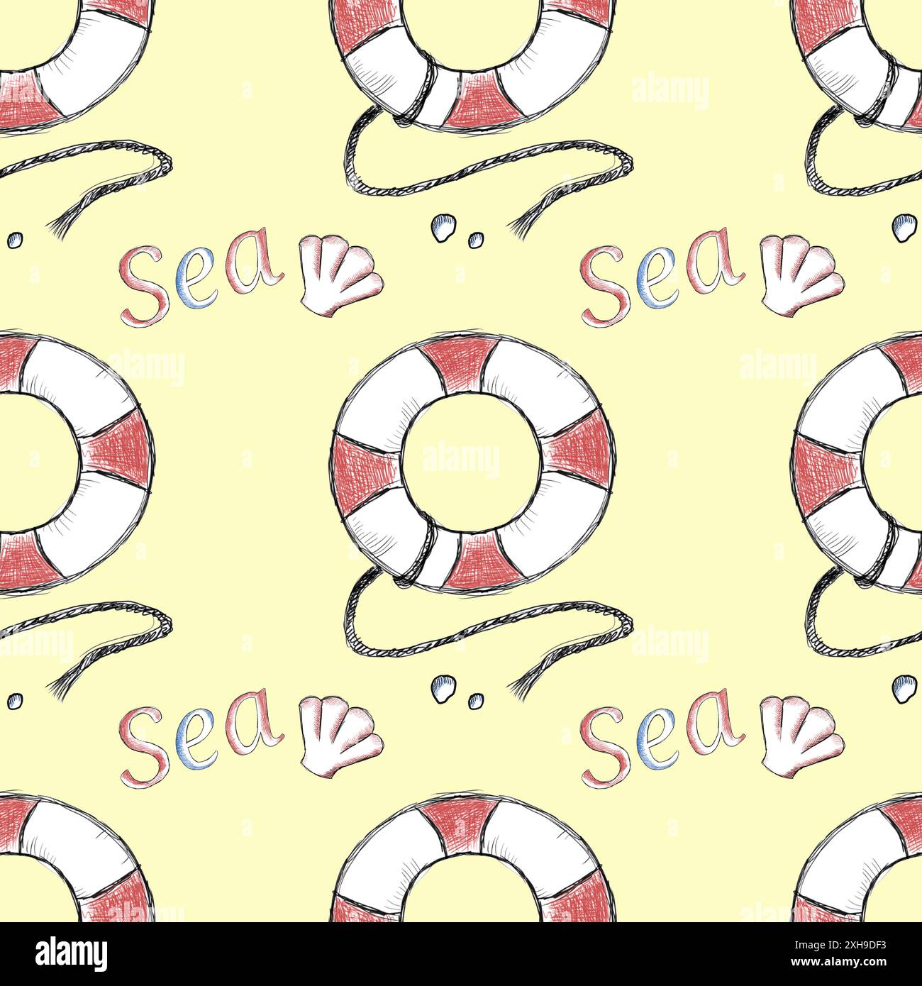 Un allegro motivo senza cuciture con salvagente, conchiglie e testo Sea disegnati a mano su sfondo giallo brillante Foto Stock