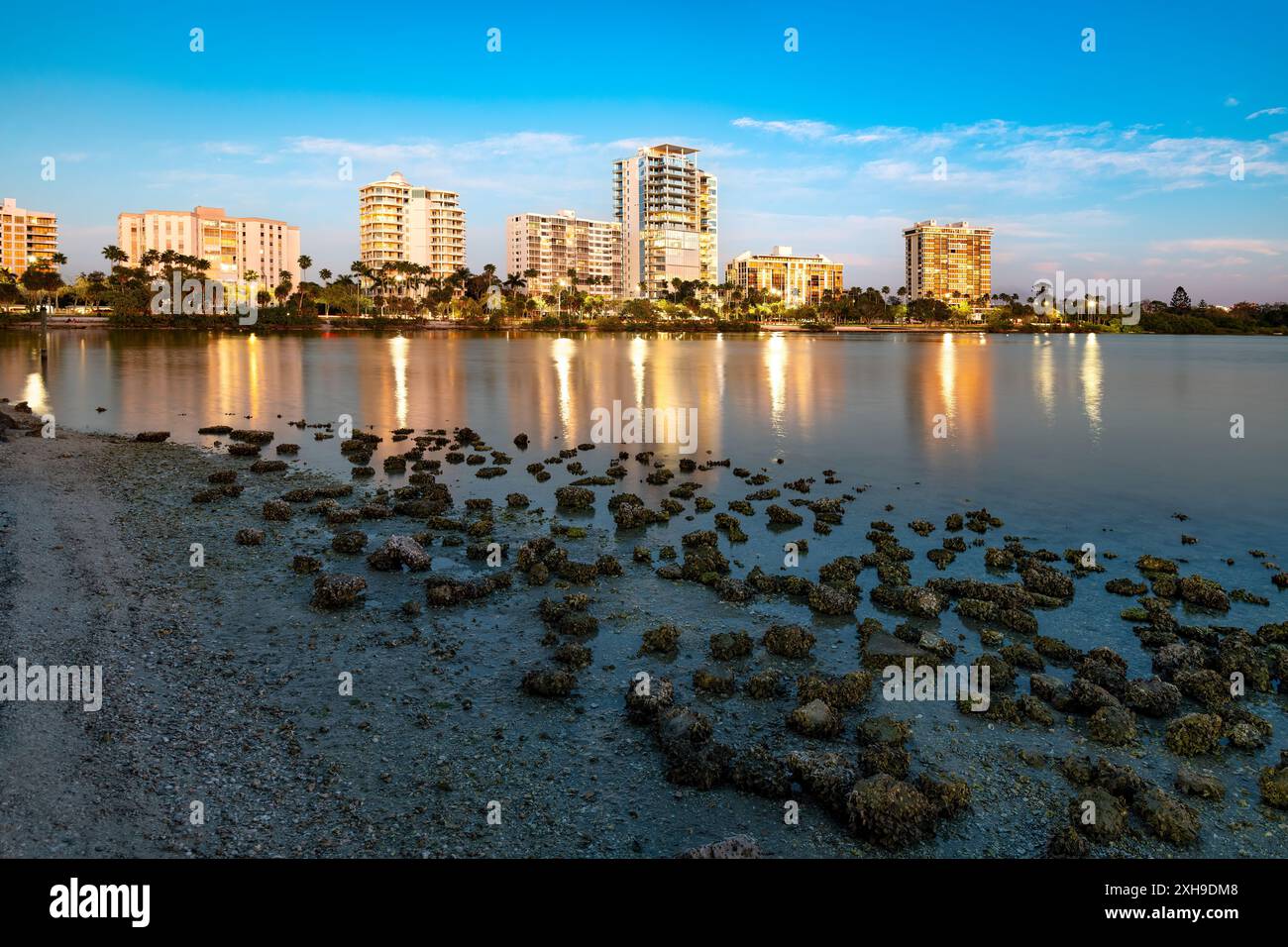 Skyline di Sarasota con acque tranquille che riflettono gli edifici durante le ore serali, Florida, Stati Uniti Foto Stock