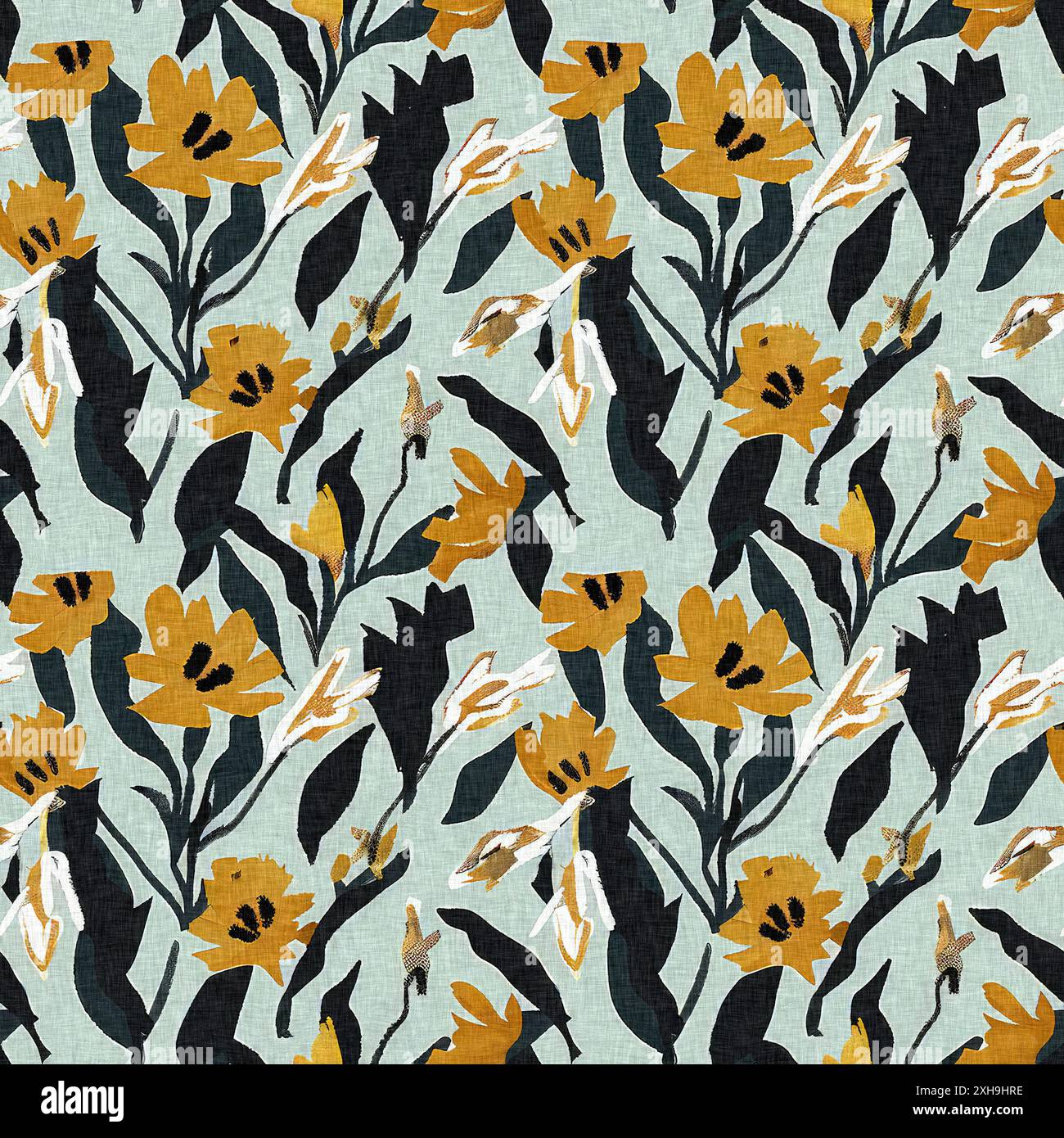 Moderno motivo blockprint in tessuto stampato con fiori selvatici e texture in lino. Motivi floreali boho scuri disegnati a mano stilizzati per elementi di design decorativi Foto Stock