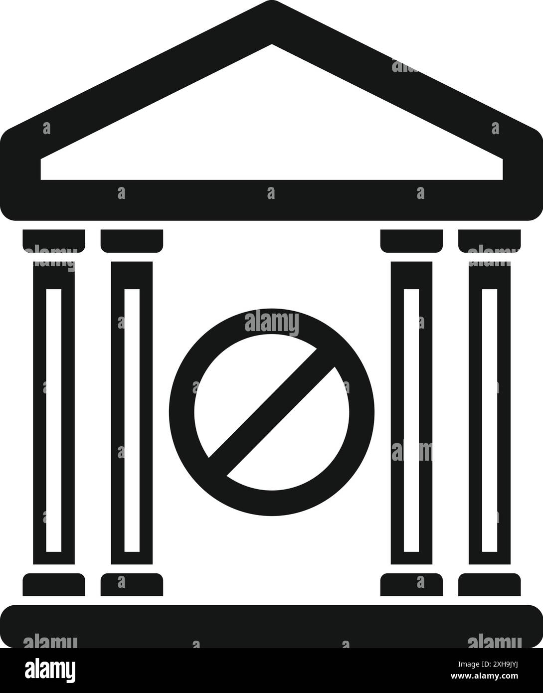Semplice icona in bianco e nero di una banca o di un istituto finanziario con un segnale di stop che indica l'assenza di ingresso o l'accesso limitato Illustrazione Vettoriale