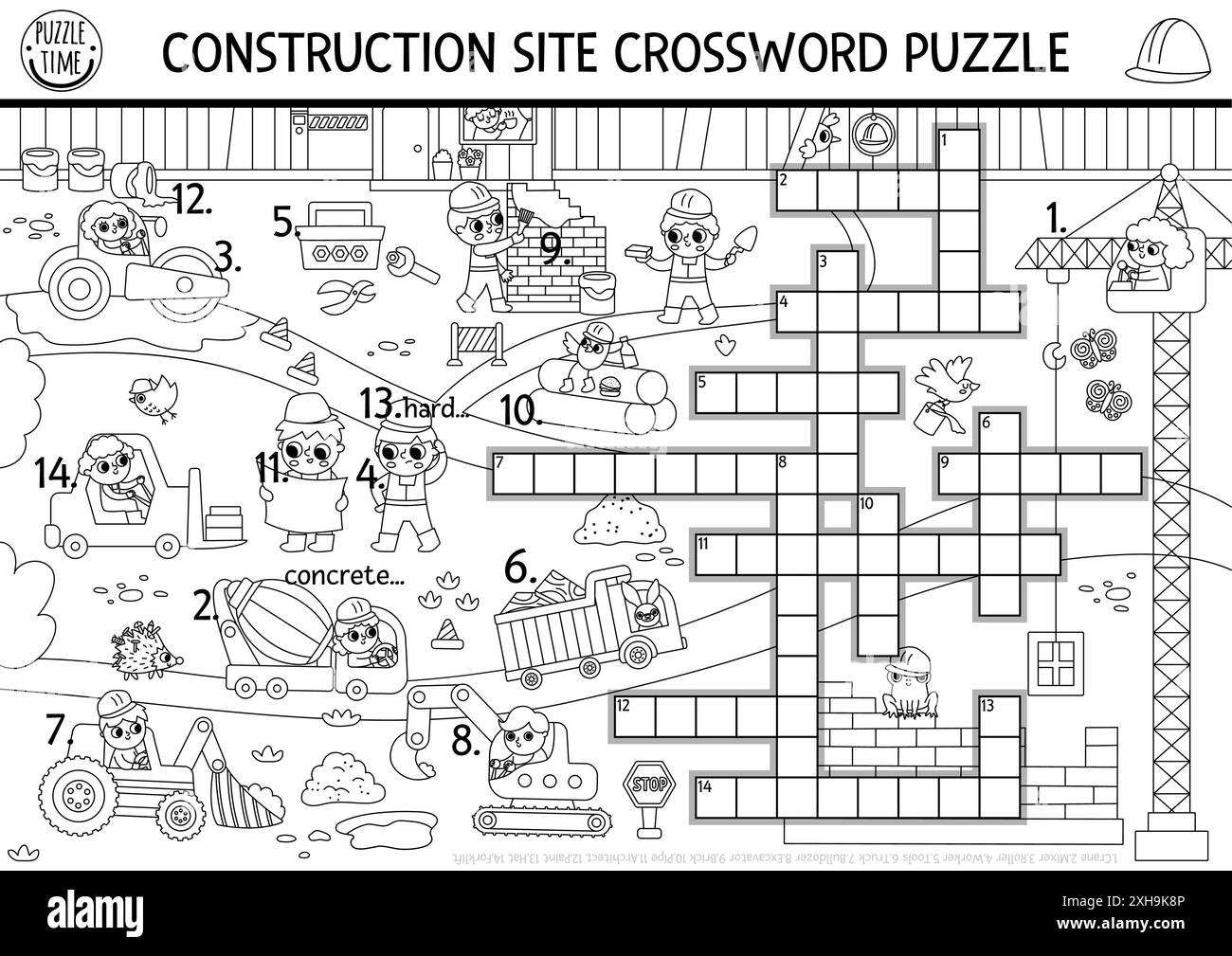 Puzzle a croce in bianco e nero vettoriale per i bambini con paesaggi da cantiere. Quiz con lavoratori, veicoli industriali. Croce educativa acti Illustrazione Vettoriale
