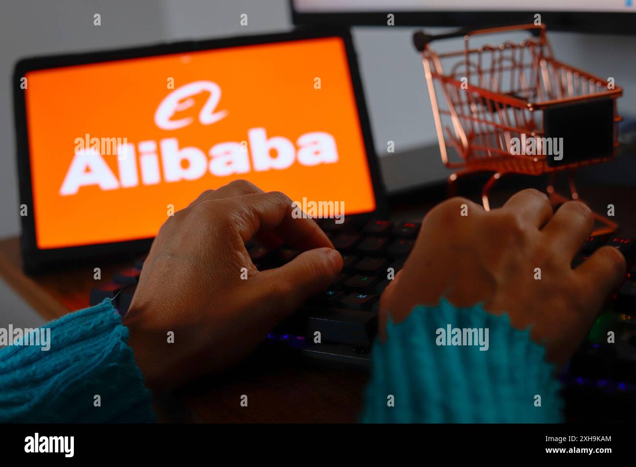 Paraguay. 12 luglio 2024. In questa immagine, una persona digita vicino al logo Alibaba visualizzato sullo schermo di un tablet. (Foto di Jaque Silva/SOPA Images/Sipa USA) *** esclusivamente per notizie editoriali *** credito: SIPA USA/Alamy Live News Foto Stock