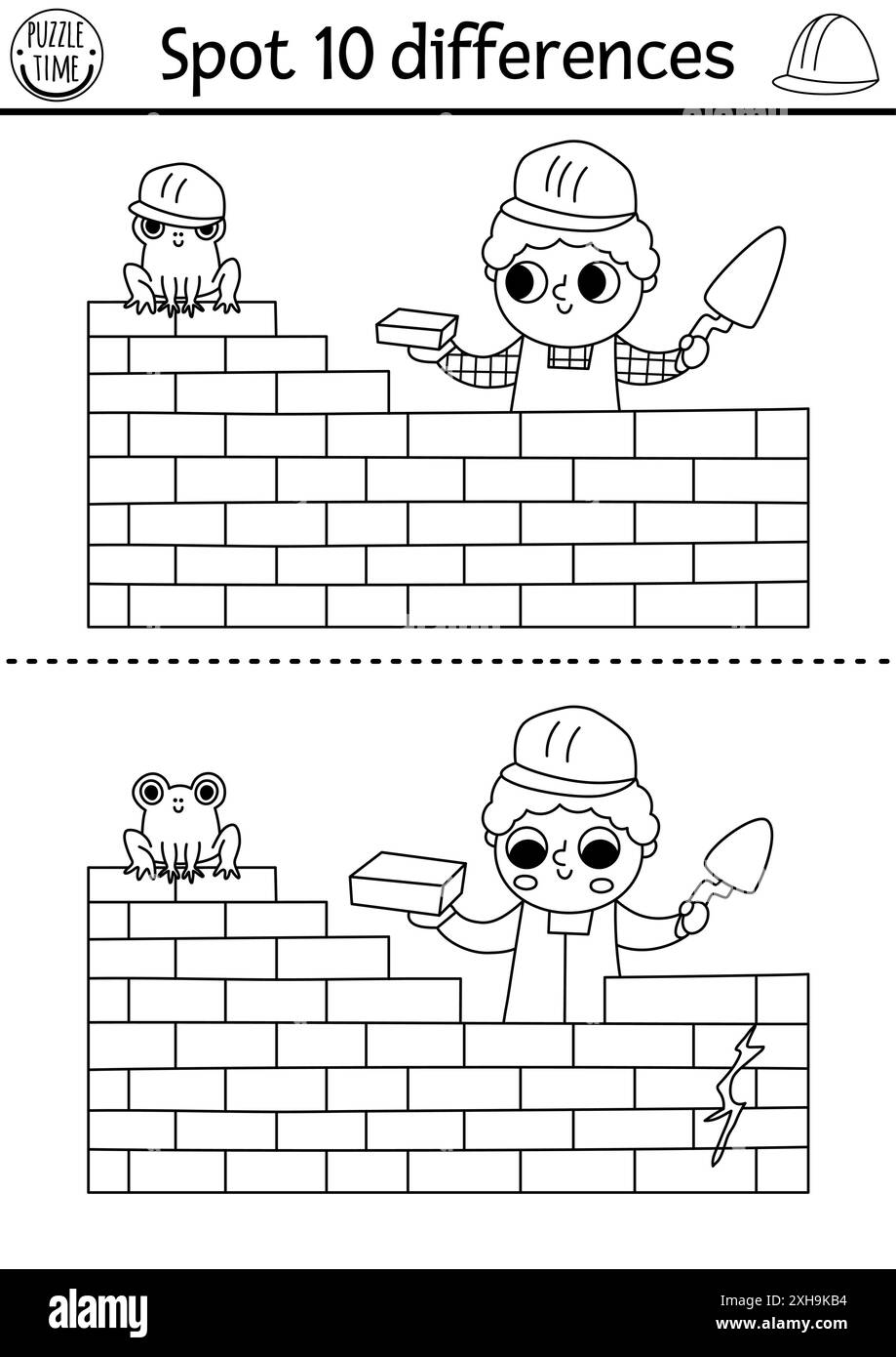 Trova differenze in bianco e nero. Attività didattica in cantiere con muratura in mattoni. Puzzle carino per bambini con un lavoratore divertente. PR Illustrazione Vettoriale