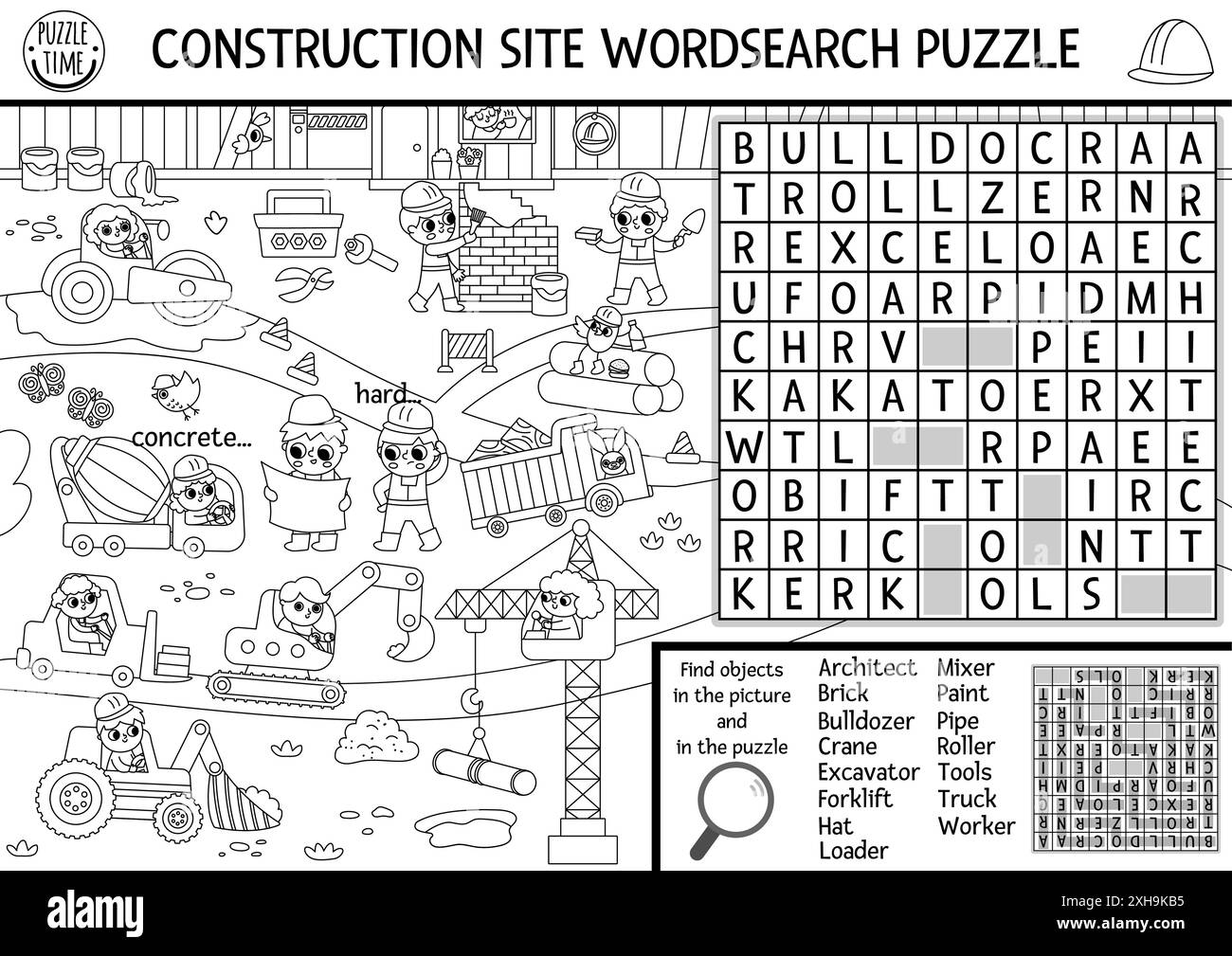 Puzzle Vector in bianco e nero per i bambini con il paesaggio dei cantieri edili. Quiz di ricerca per parole, pagina da colorare con lavoratori, strumenti, Industrial ve Illustrazione Vettoriale