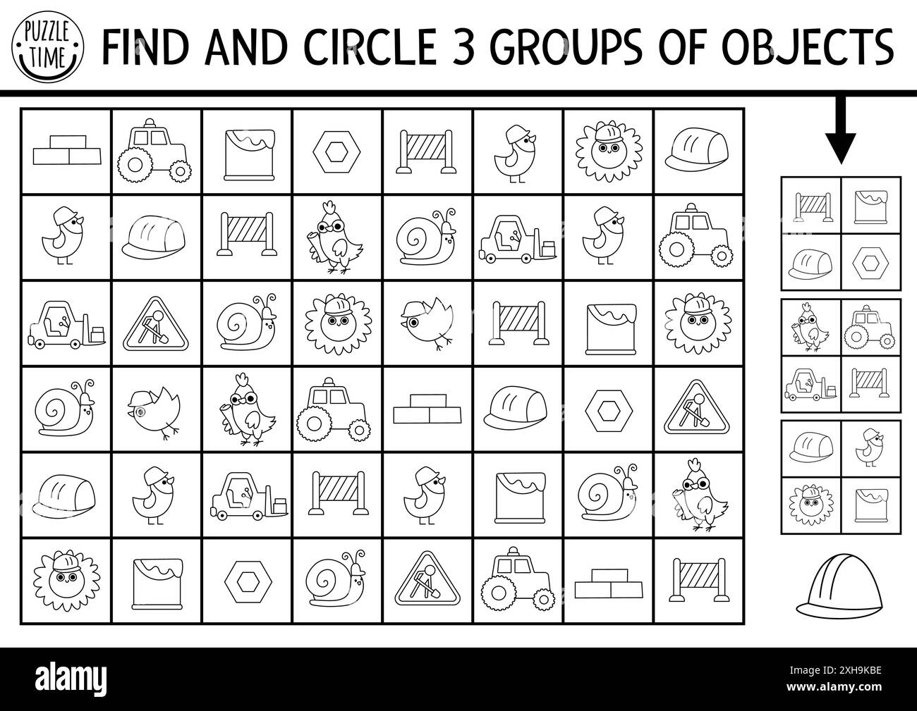 Ricerca e ricerca di un gioco da cantiere. Puzzle in bianco e nero con lavoratori, attrezzi, veicoli. Lavori edili attività stampabile, ricerca puzzle, colore Illustrazione Vettoriale