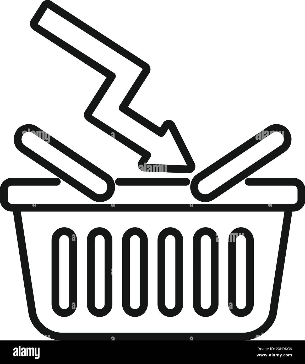 Icona della line art di un carrello colpito da un fulmine, che simboleggia i problemi con lo shopping online Illustrazione Vettoriale