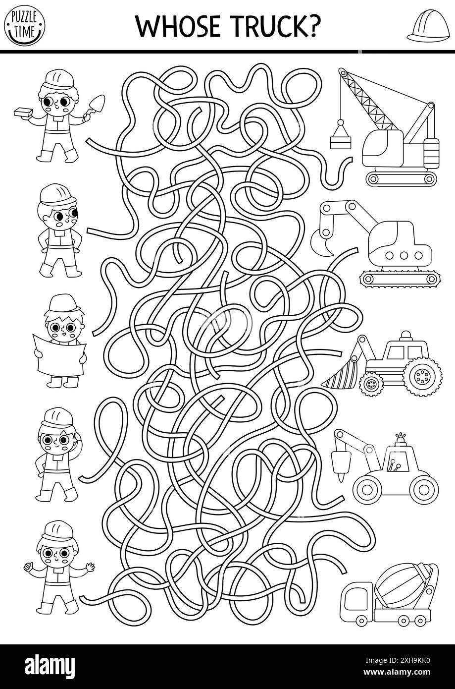 Labirinto bianco e nero da cantiere per bambini con lavoratori e camion. Lavori edili attività stampabile, gioco a labirinto, puzzle o pagina da colorare wi Illustrazione Vettoriale