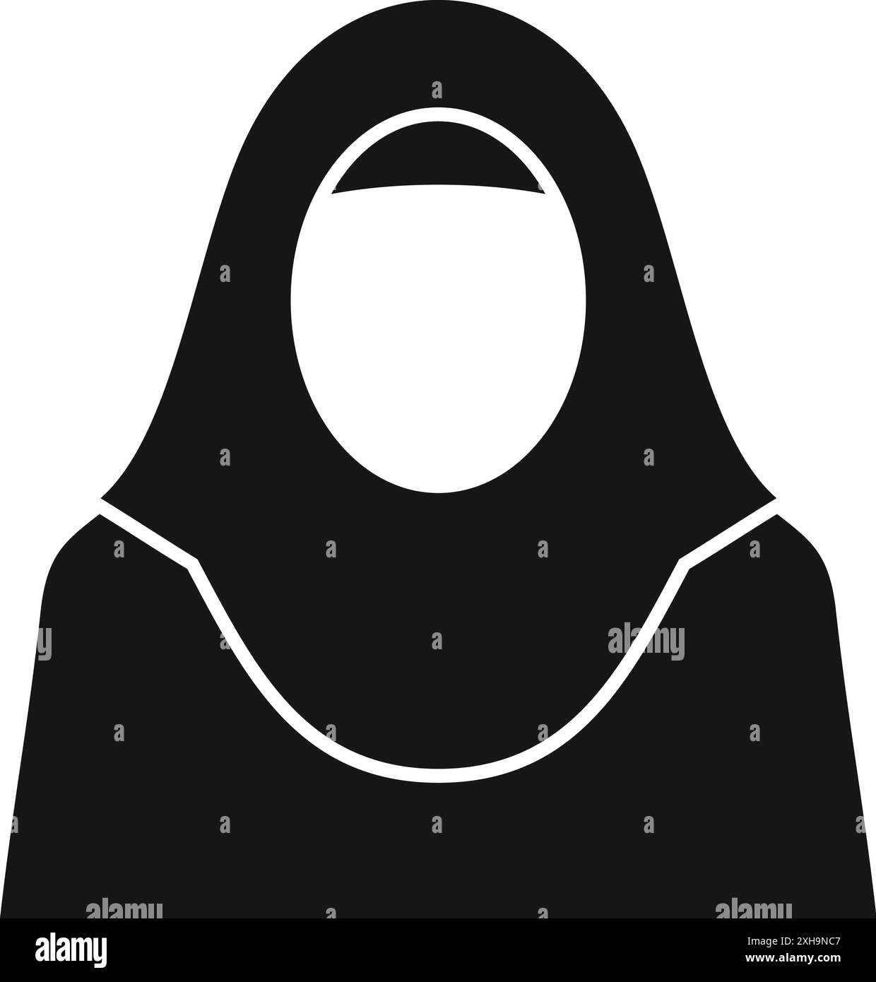Semplice icona in bianco e nero di una donna musulmana che indossa un hijab tradizionale, che rappresenta modestia e fede Illustrazione Vettoriale