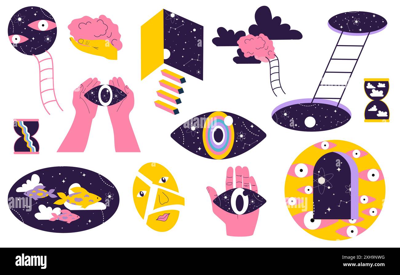 Elementi surrealistici disegnati a mano. Illustrazione astratta vettoriale in stile psichedelico alla moda. Illustrazione Vettoriale