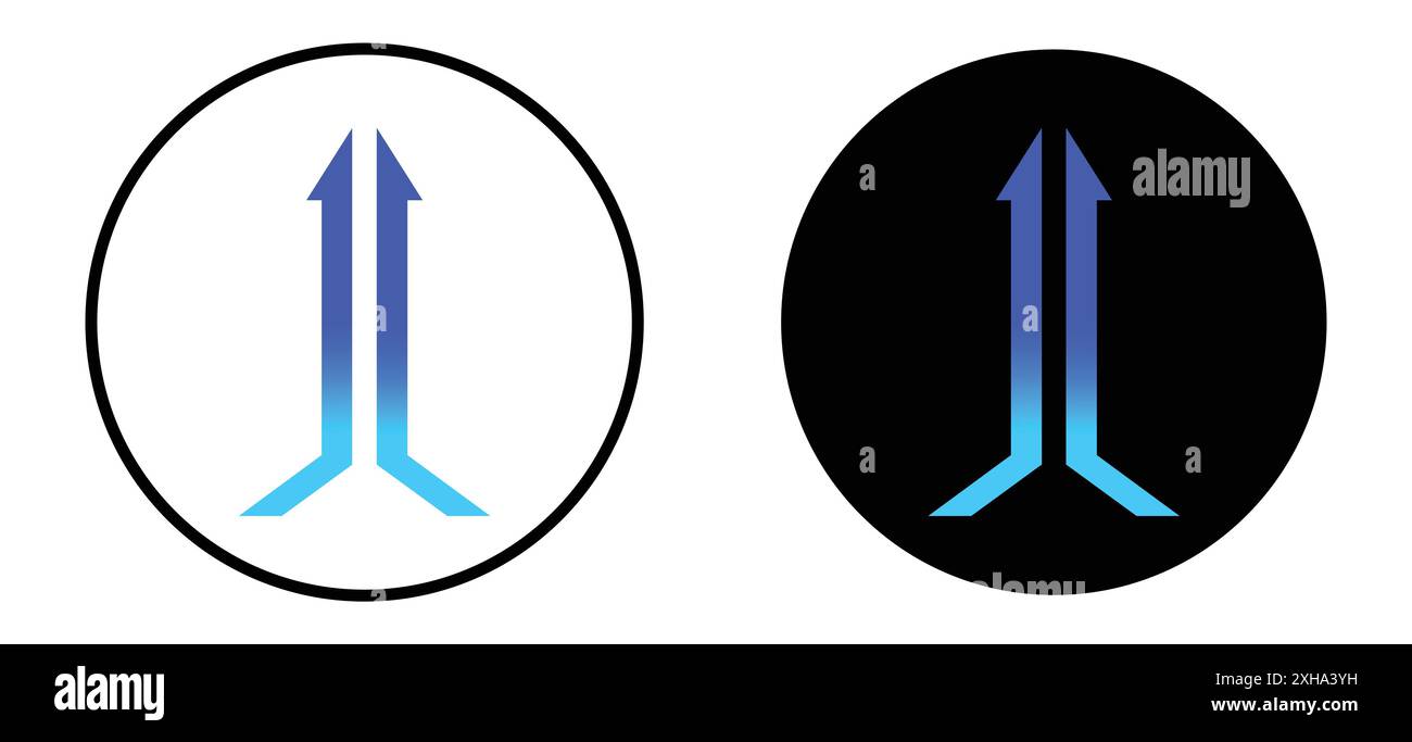 Due frecce si uniscono in un'unica icona simbolo vettoriale o insieme di set di segni con un contorno in bianco e nero Illustrazione Vettoriale