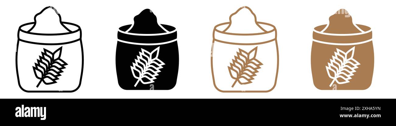 Icona della borsa della farina simbolo vettoriale o set di insegne con contorno bianco e nero Illustrazione Vettoriale