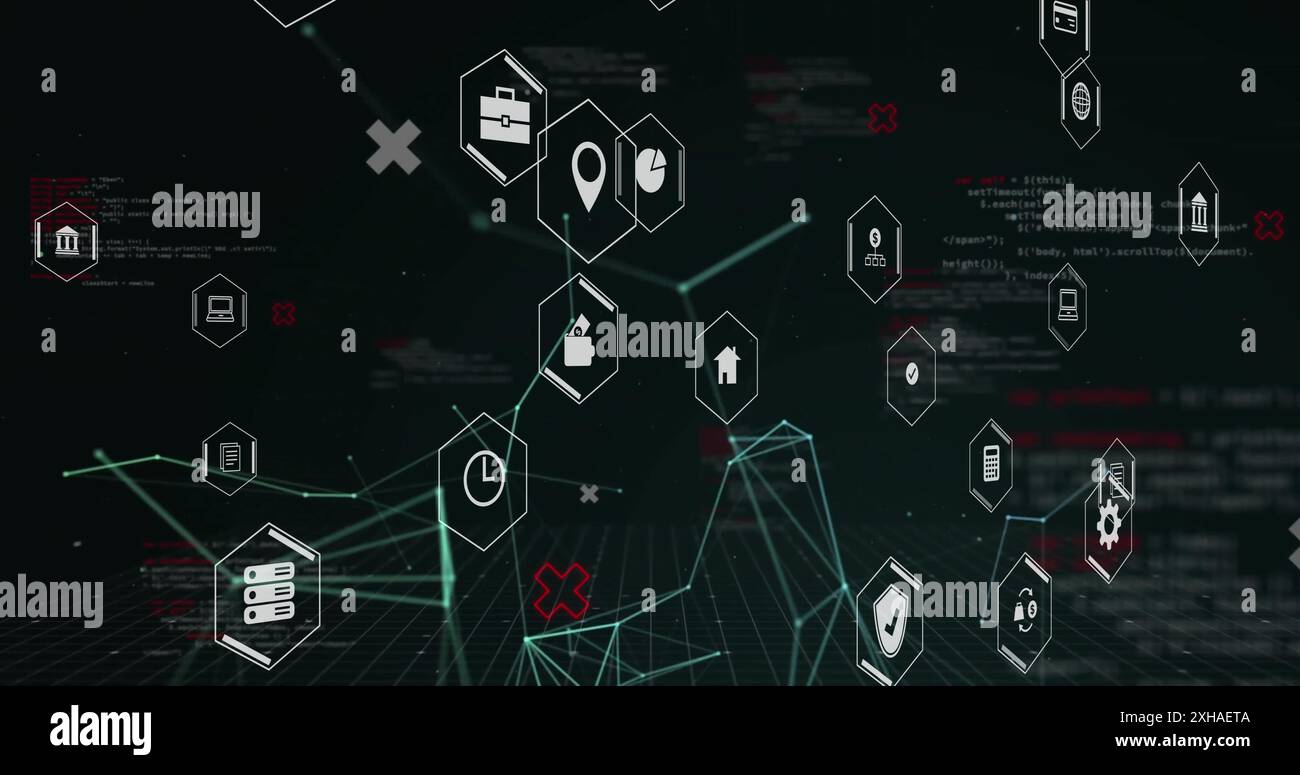 Icone di finanza digitale fluttuanti che rappresentano la moderna tecnologia finanziaria nello spazio virtuale Foto Stock