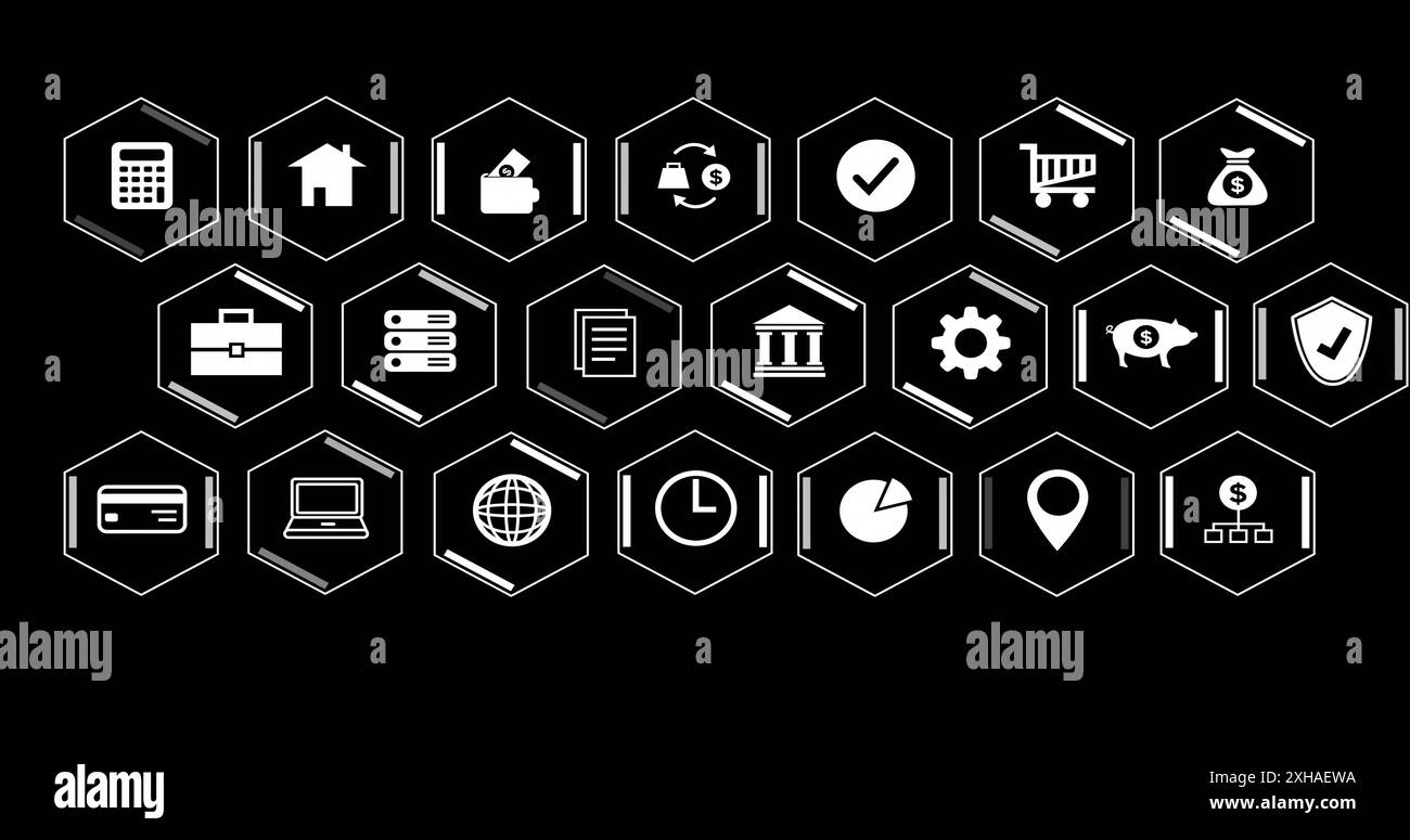 Icone finanziarie con calcolatrice, portafoglio, carrello e banca su sfondo nero Foto Stock