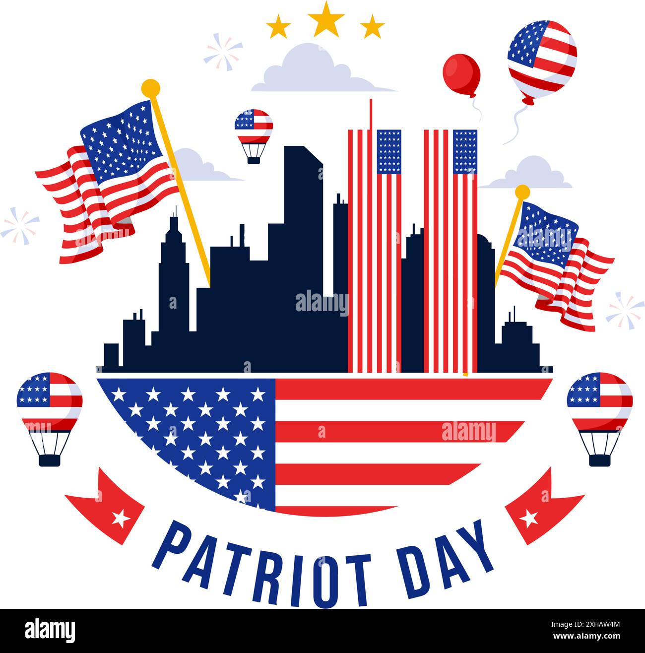 Happy USA Patriot Day Vector Illustration con la bandiera degli Stati Uniti, 9/11 Memorial, e non dimenticheremo mai lo sfondo in stile Flat Cartoon Illustrazione Vettoriale