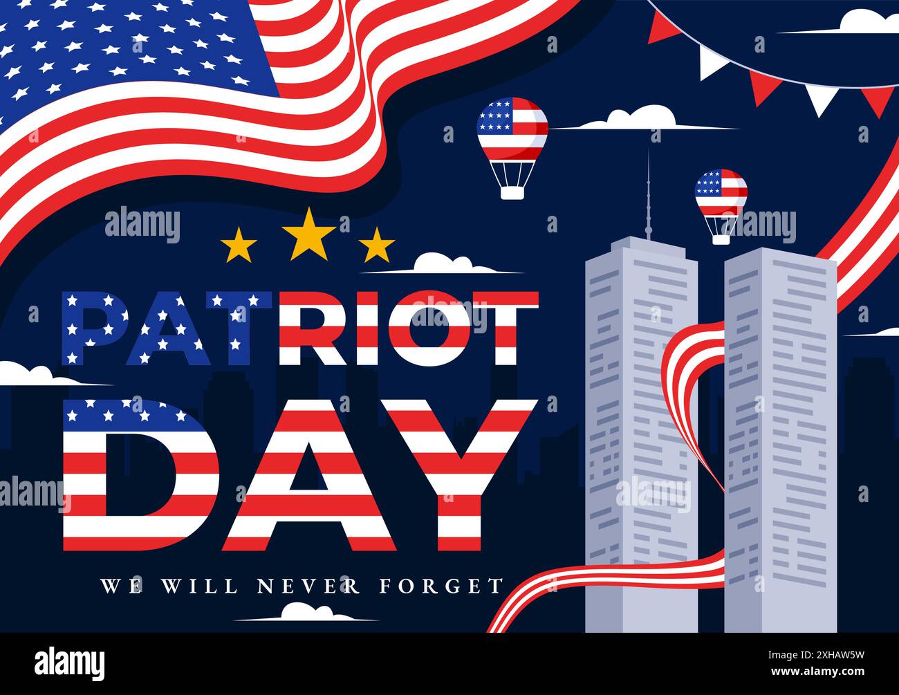 Happy USA Patriot Day Vector Illustration con la bandiera degli Stati Uniti, 9/11 Memorial, e non dimenticheremo mai lo sfondo in stile Flat Cartoon Illustrazione Vettoriale