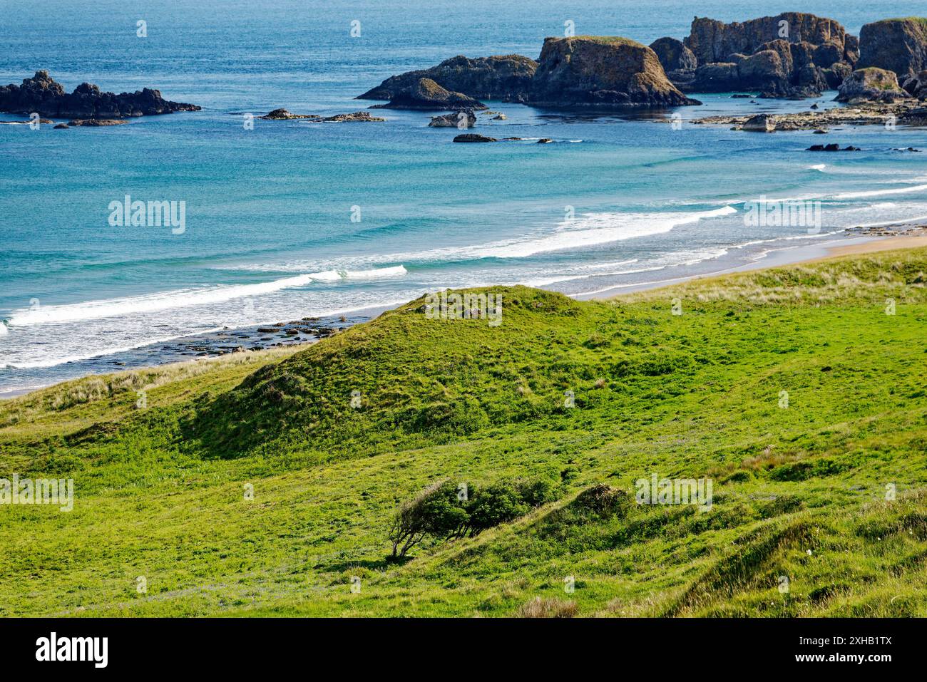 White Park Bay sulla costa nord di Antrim, Irlanda del Nord. Il tumulo centrale di dune di sabbia è un luogo di sepoltura preistorico con pietre peristalitiche. Sto cercando N.E. Foto Stock