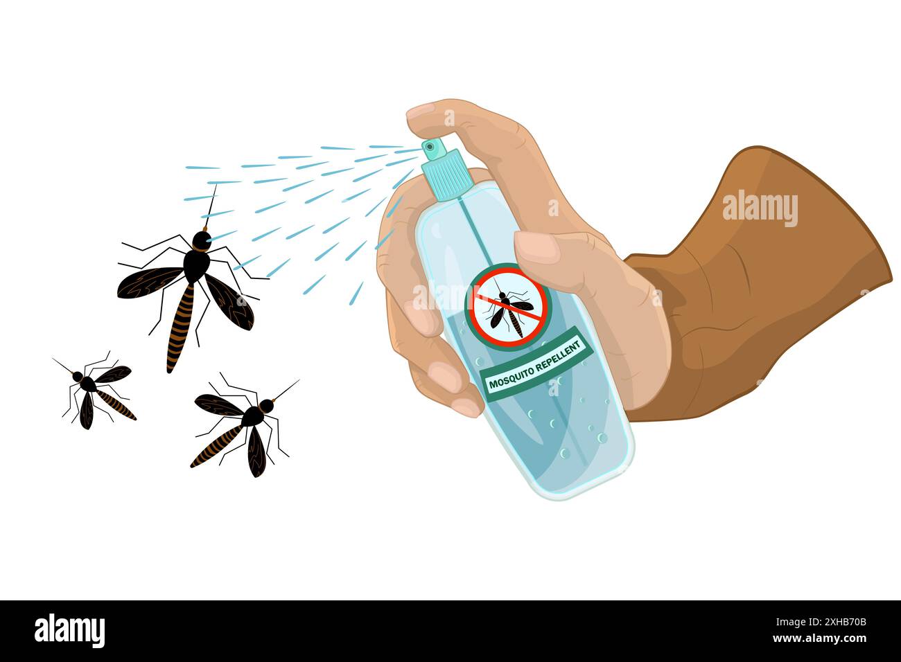 Mano con spray per zanzare. Mano umana che tiene in mano una bottiglia di insetticida e spruzza nelle zanzare. Lotta contro gli insetti in casa. Prodotto anti-zanzare. Vettore Illustrazione Vettoriale