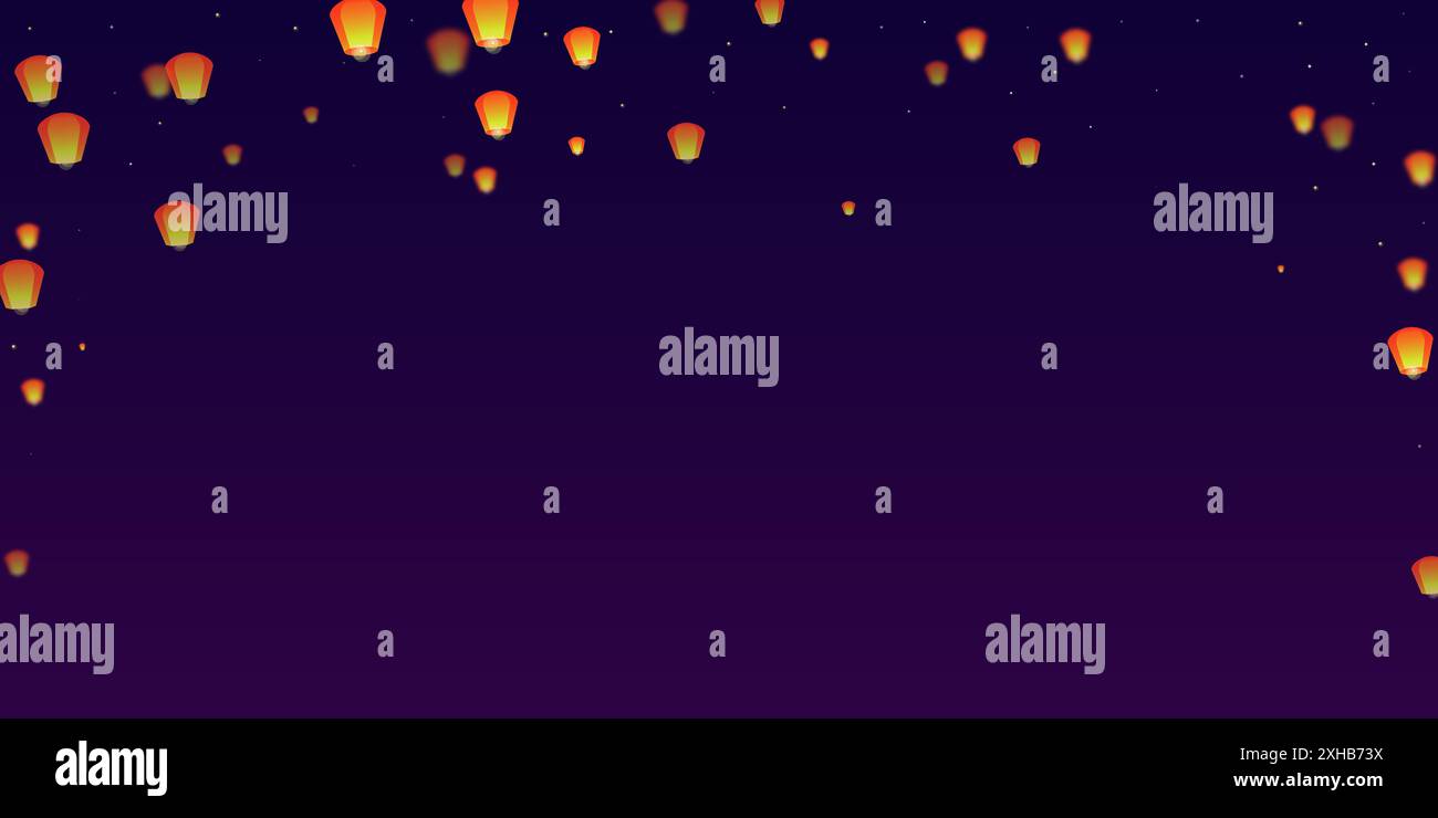 Biglietto per il festival di Yi peng. Vacanze in Thailandia con lanterne di carta che volano nel cielo notturno. Tradizionale celebrazione di Yi Peng. Illustrazione vettoriale su pur Illustrazione Vettoriale