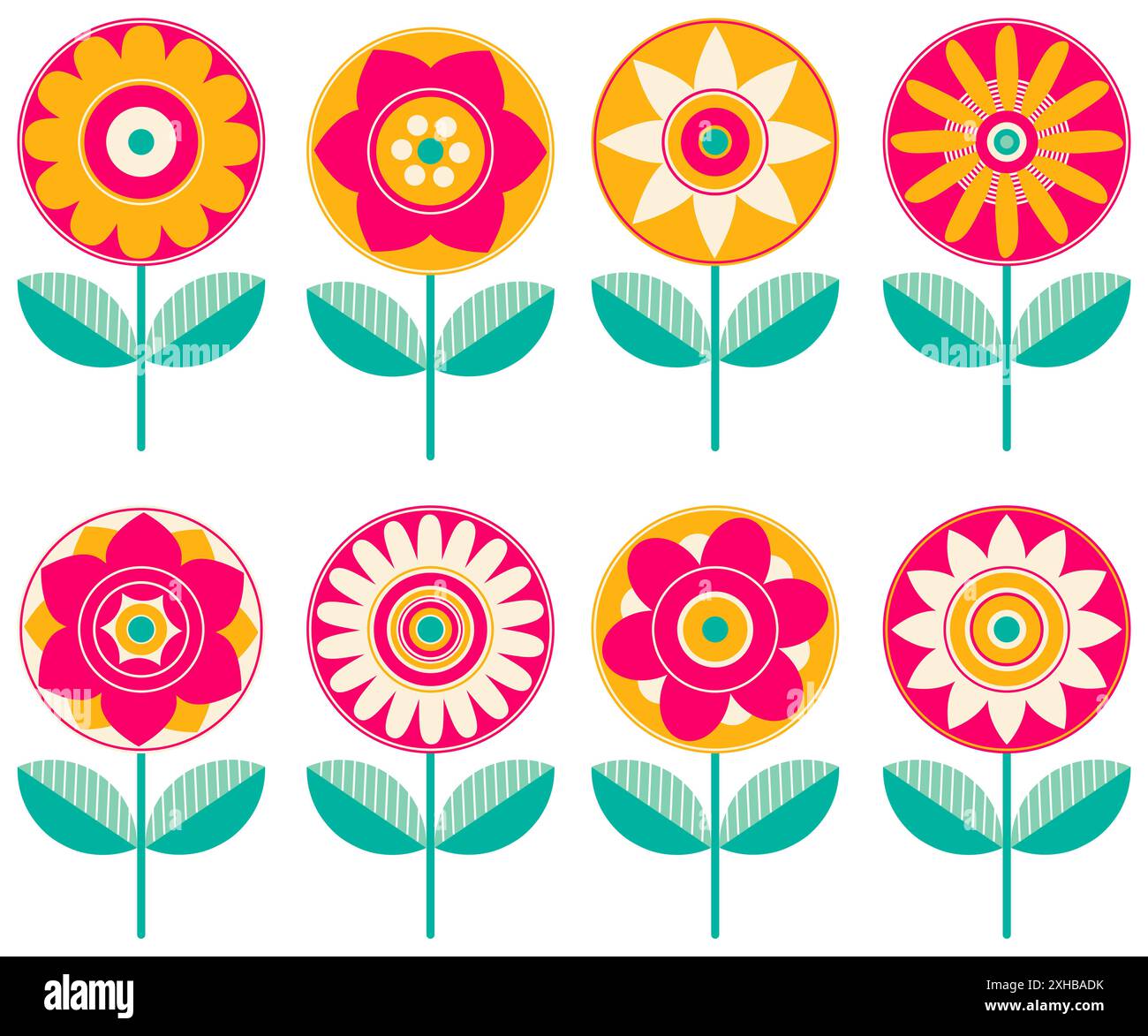8 illustrazioni di fiori colorati Foto Stock