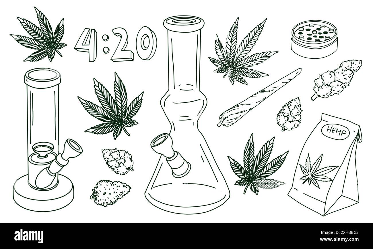 Elementi di cannabis bong, foglie di marijuana, gemme secche articolate. Illustrazione vettoriale in stile Doodle disegnato a mano Illustrazione Vettoriale