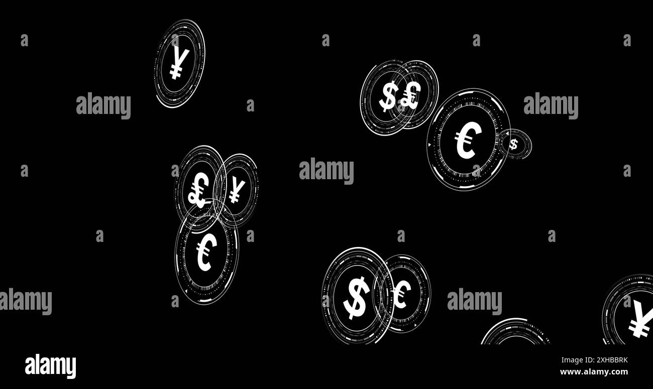 Simboli di valuta fluttuanti, tra cui yen, dollaro ed euro su sfondo nero Foto Stock