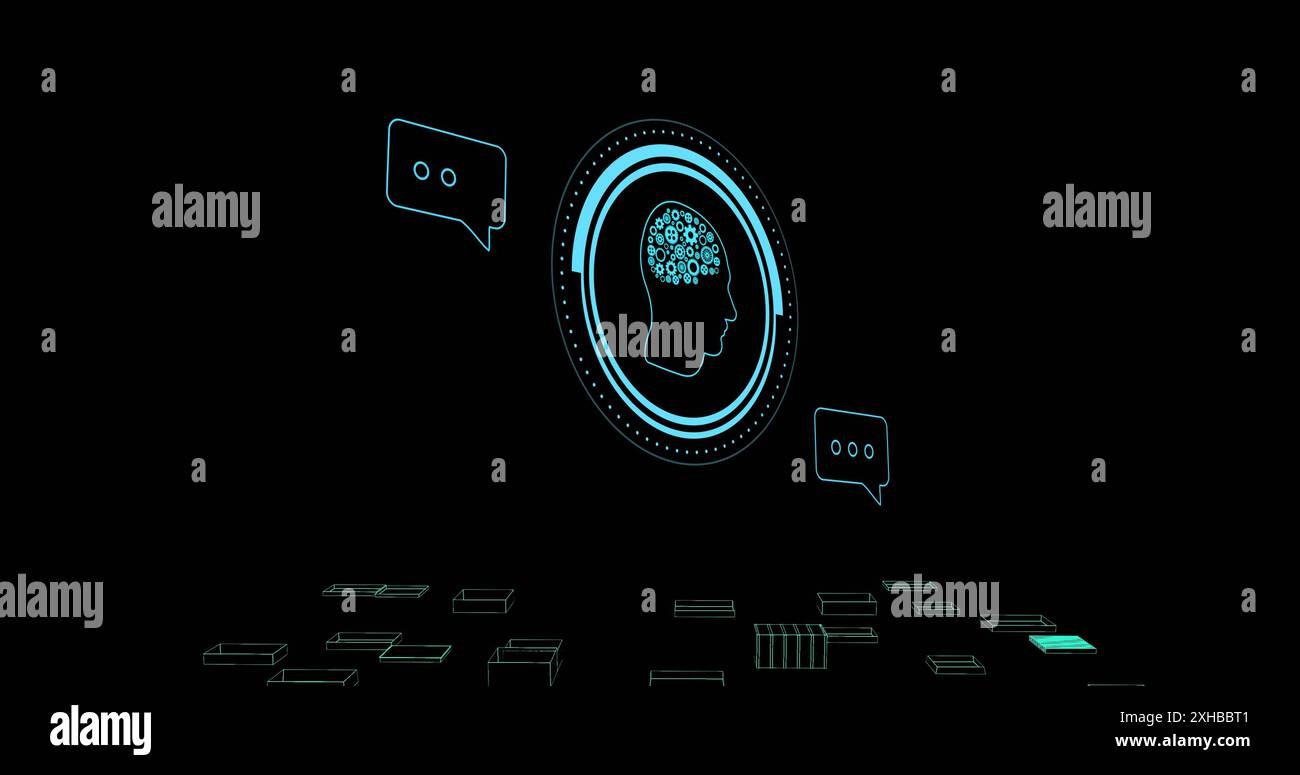 Icone digitali per il cervello e la chat che rappresentano l'intelligenza artificiale e la tecnologia di comunicazione Foto Stock