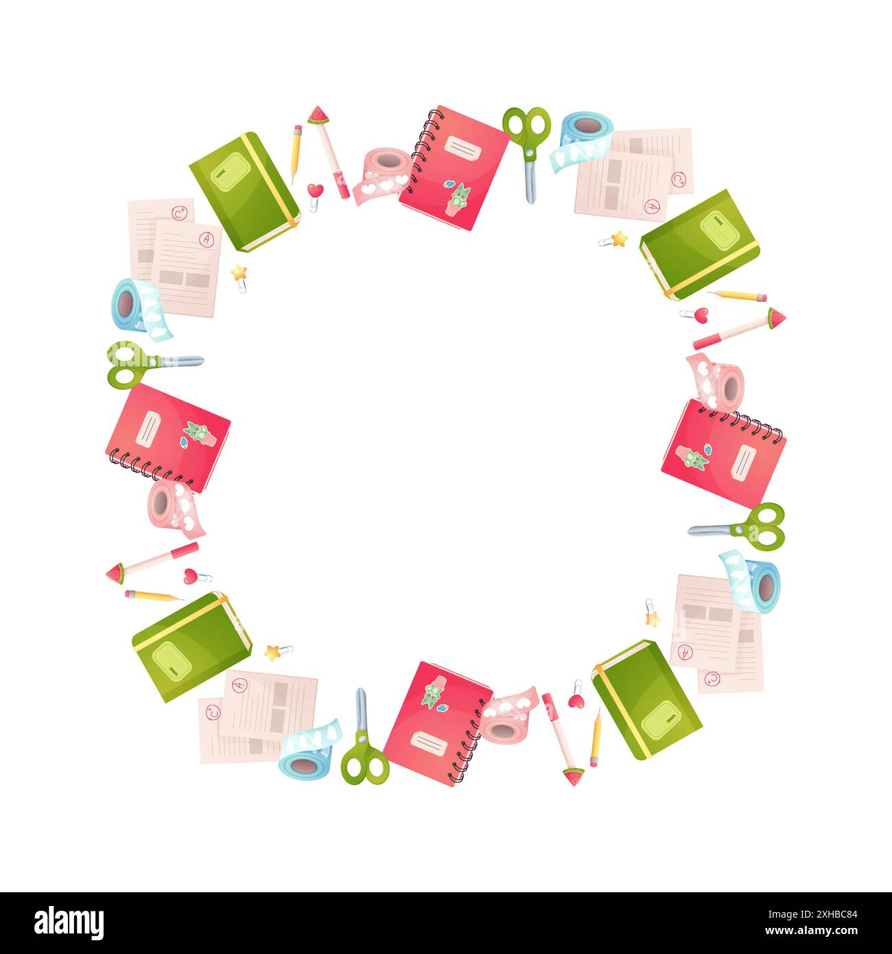 Telaio rotondo, cancelleria scolastica. Forbici per notebook Vector Illustrazione Vettoriale