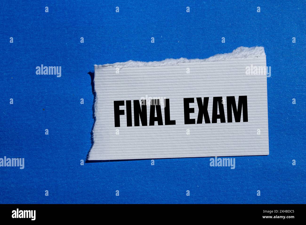 Parole dell'esame finale scritte su un pezzo di carta bianca strappato con sfondo blu. Simbolo dell'esame finale concettuale. Copia spazio. Foto Stock