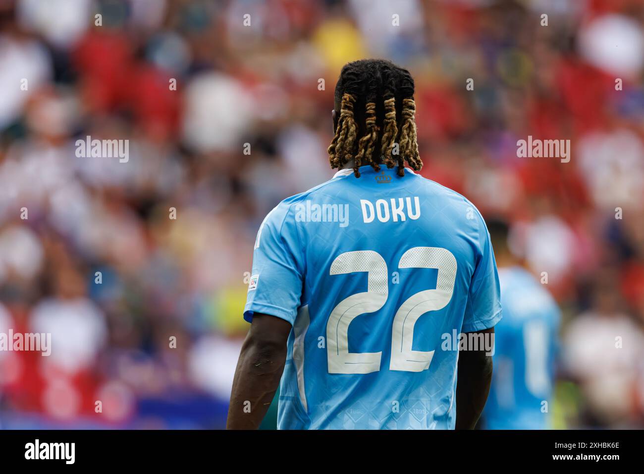 Jeremy Doku è stato visto durante la partita di UEFA Euro 2024 tra le squadre nazionali di Ucraina e Belgio alla MHPArena di Stoccarda, Germania (Maciej Rogowski) Foto Stock