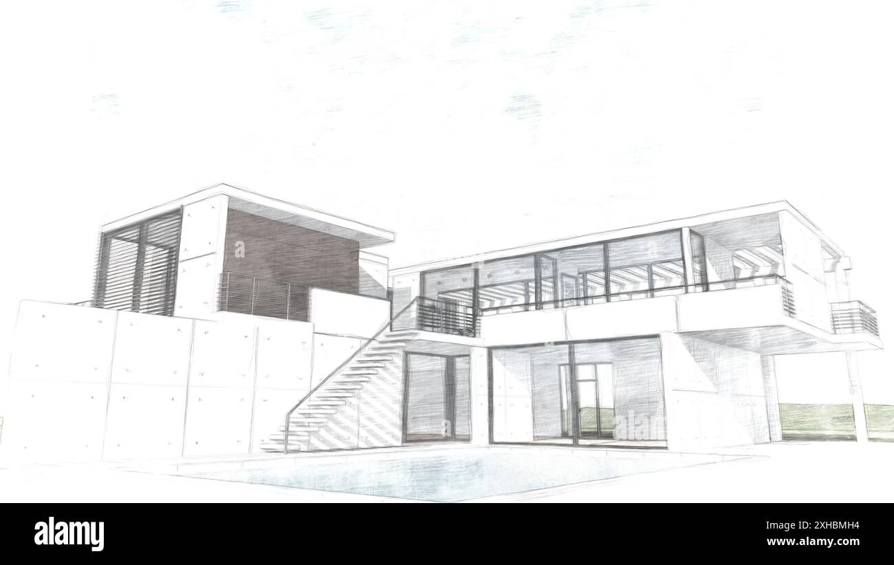 Bozzetto colorato di casa moderna con vetro, scale e piscina Foto Stock