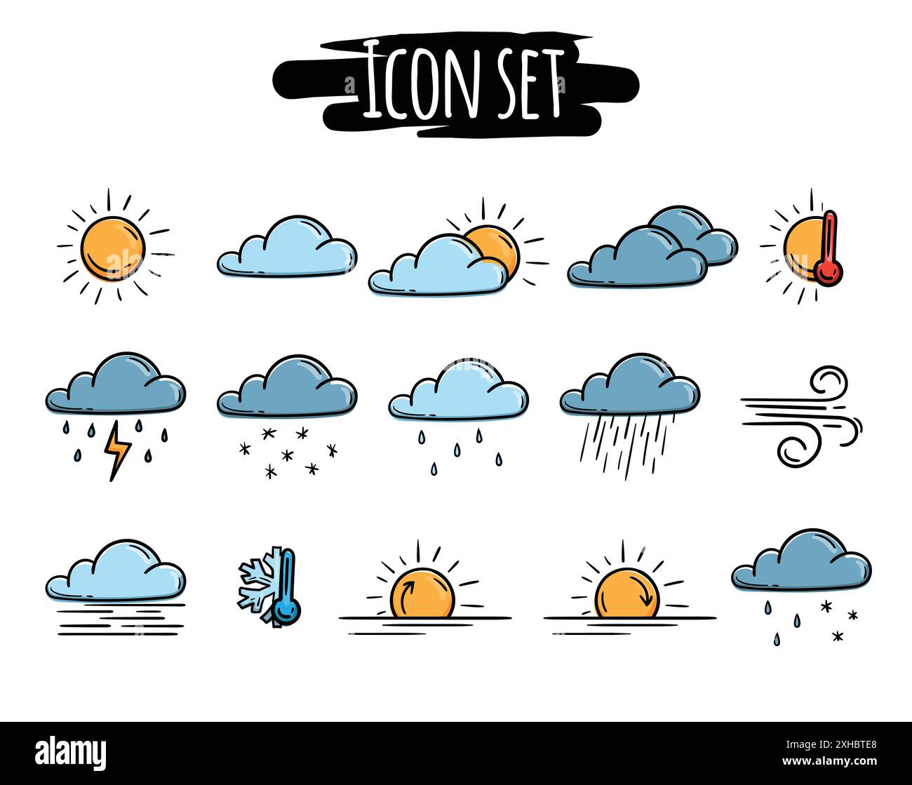 Set di icone meteo vettoriali semplici. Simboli del sole e delle precipitazioni disegnati a mano. Cartelli ed elementi per sito Web, app, banner Illustrazione Vettoriale