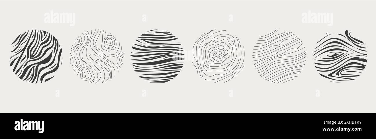 Materiale in legno scarabocchiare linea disegnata a mano. Curva geometrica del tronco d'albero e contorno dell'onda. Anelli e cerchi. . Illustrazione vettoriale Illustrazione Vettoriale