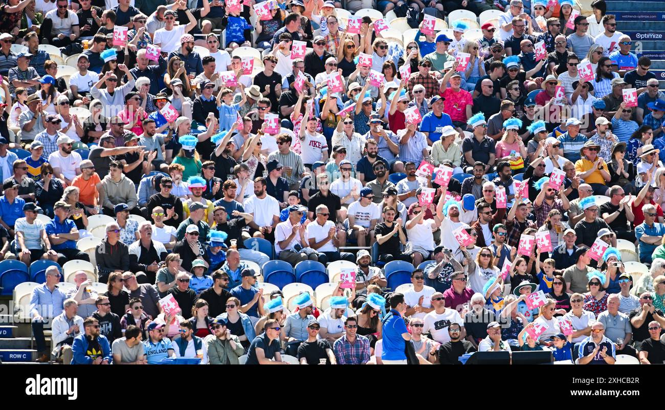 Hove UK 13 luglio 2024 - i tifosi si godono il sole e molte corse dei Sussex Sharks durante la partita Vitality T20 Blast cricket tra Sussex Sharks ed Essex al 1st Central County Ground di Hove: Credit Simon Dack /TPI/ Alamy Live News Foto Stock
